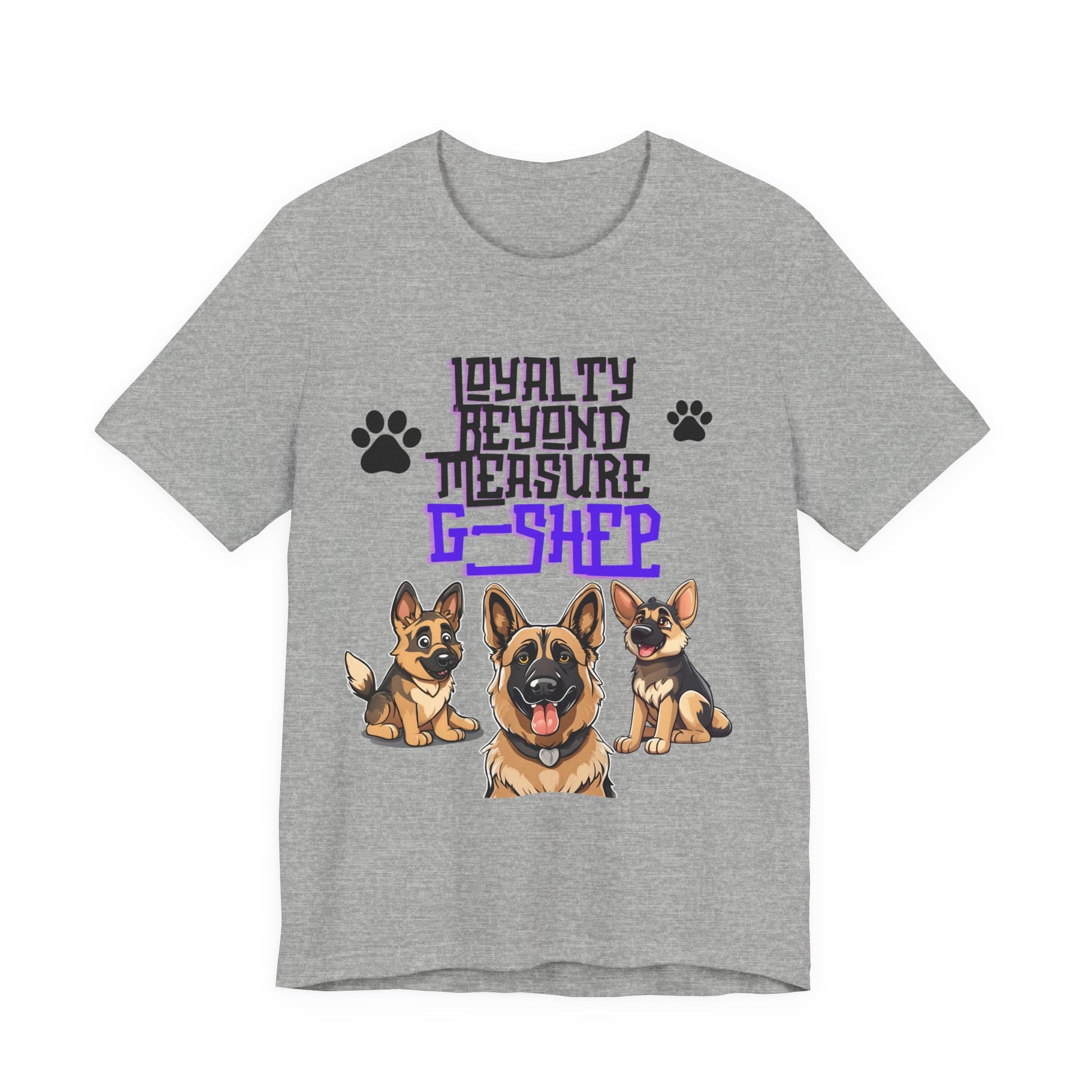 Loyalty Beyond Measure German Shepherd t-shirt in Athletic Heather, flat lay front view