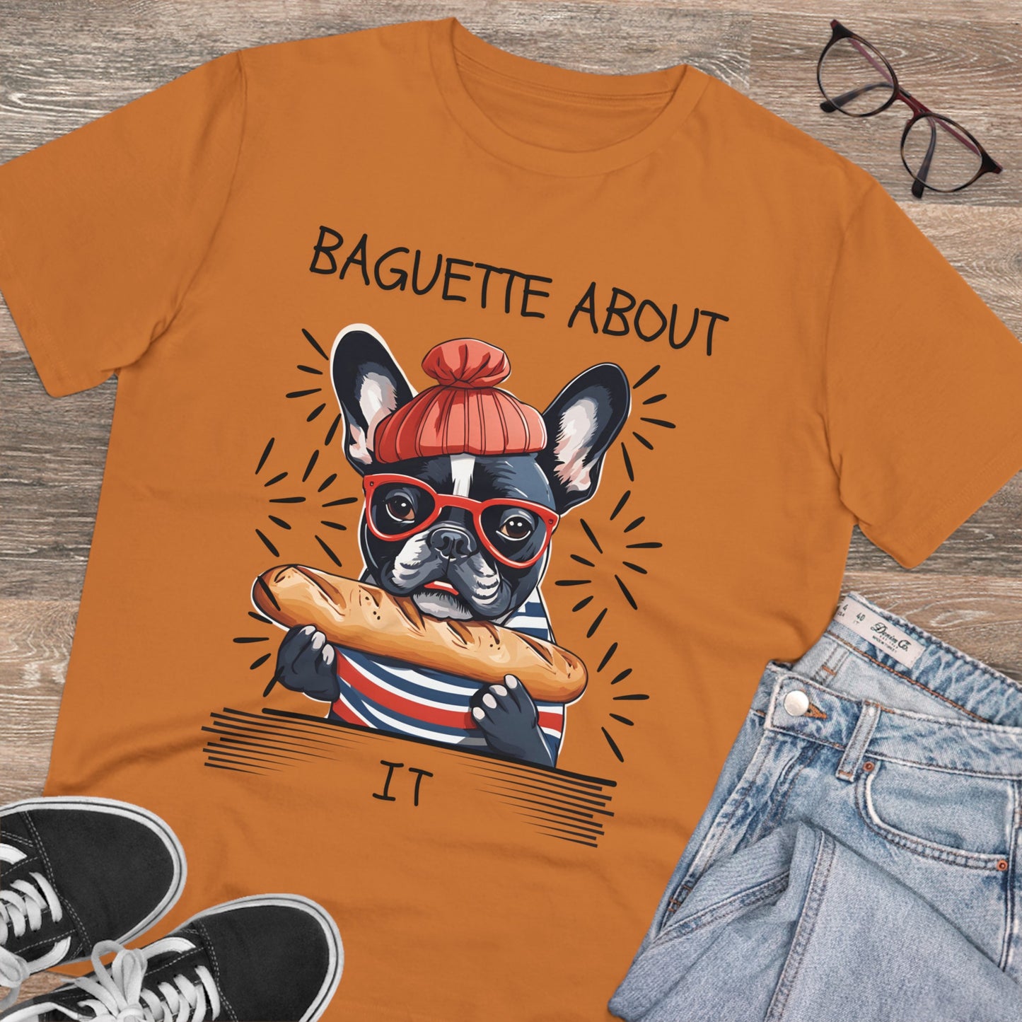 "BAGUETTE ABOUT IT" featuring a french bulldog - Organic Creator T-shirt - Unisex by SniffWaggleAndWalk™ - Sniff Waggle And Walk