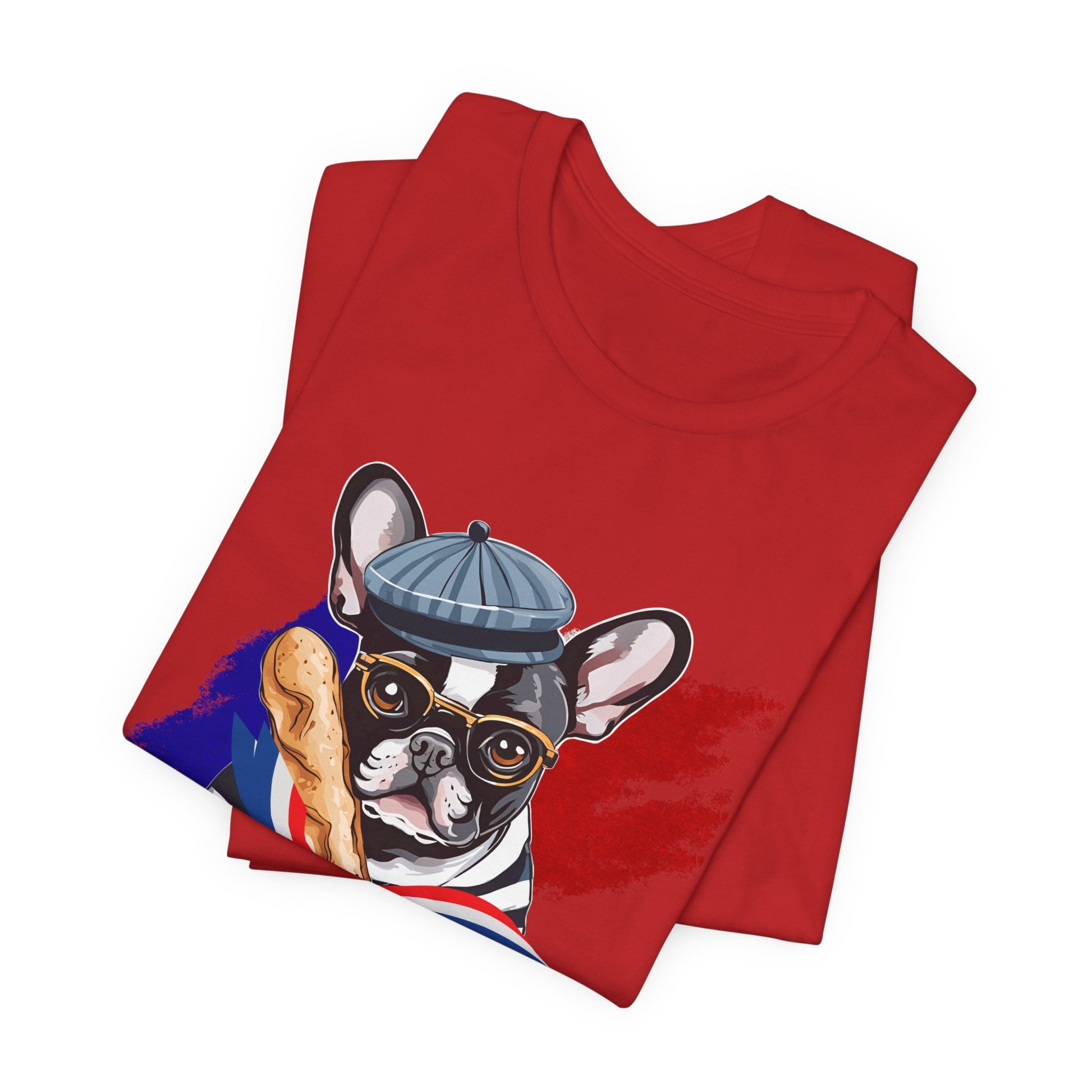 French Bulldog Baguette Navy tee — studio flat lay showing Bella+Canvas 3001 softness — SniffWaggleNWalk™