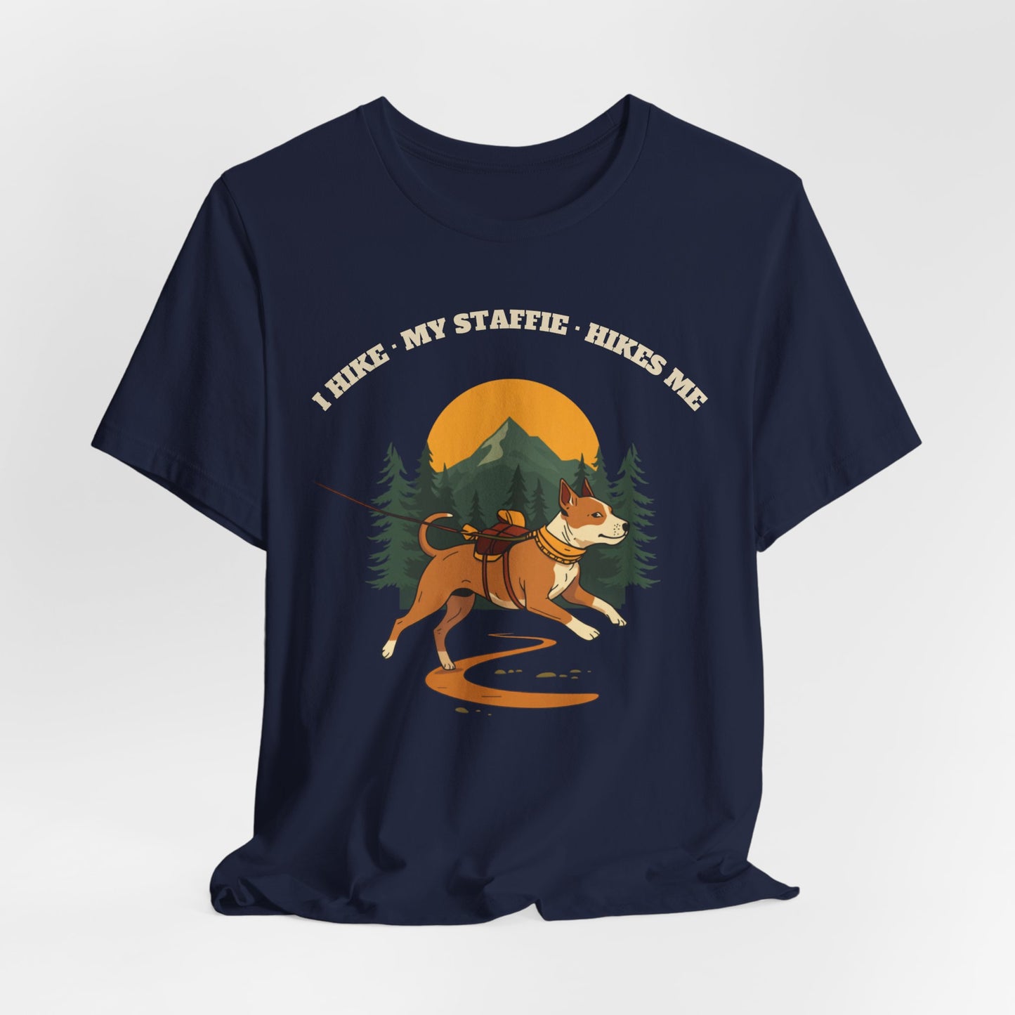 Staffie hiking tee worn with dog on leash on trail