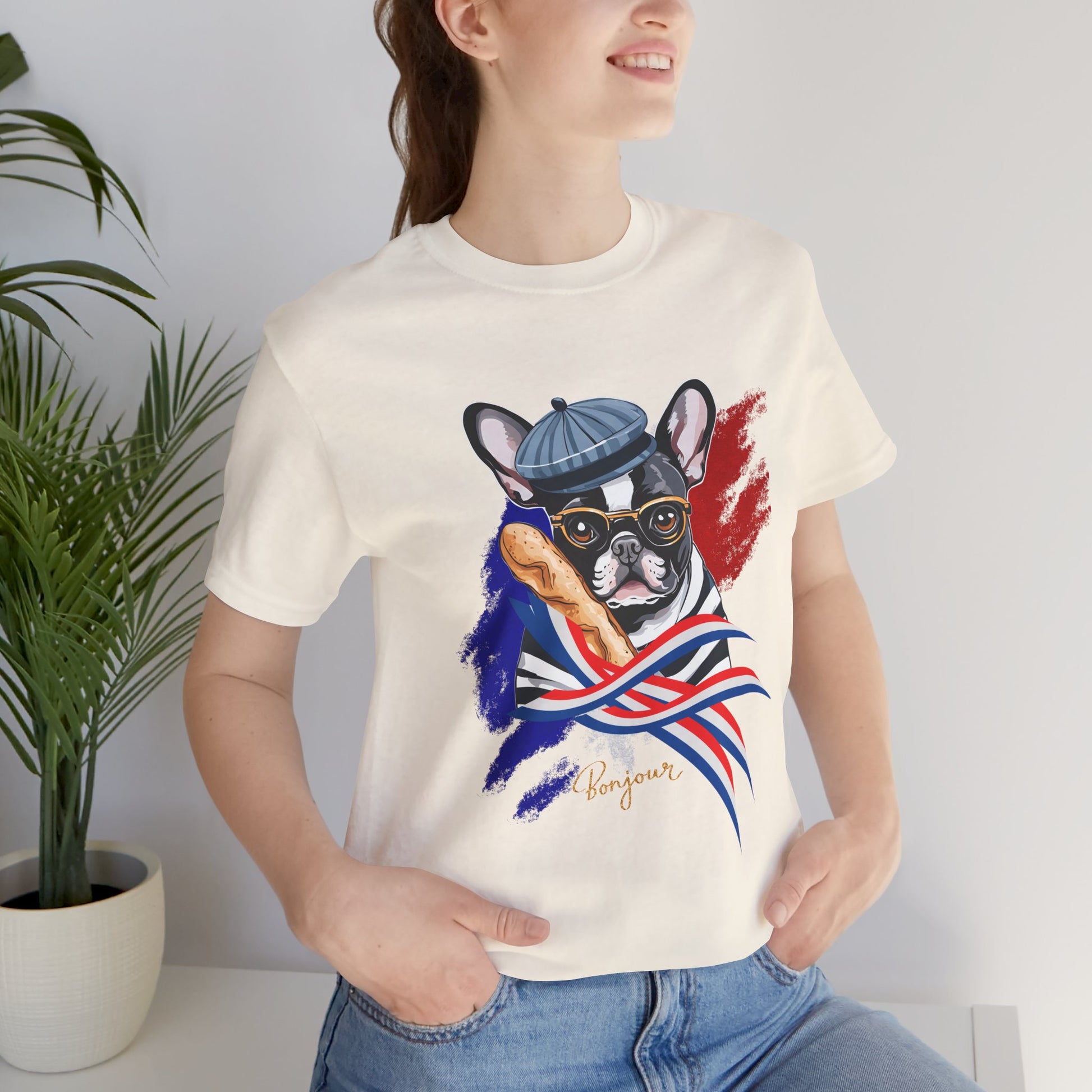 French Bulldog with Baguette T-Shirt — White, side angle showing print placement on chest — SniffWaggleNWalk™