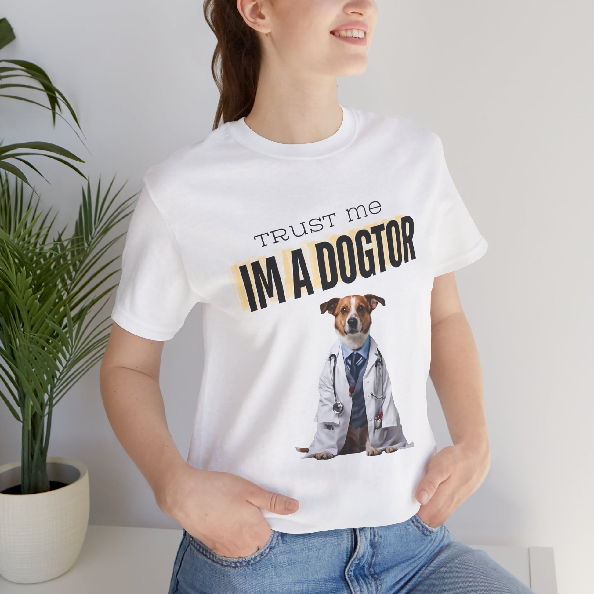 Trust Me I'm a Dogtor t-shirt front design with dog in a doctor's coat and stethoscope