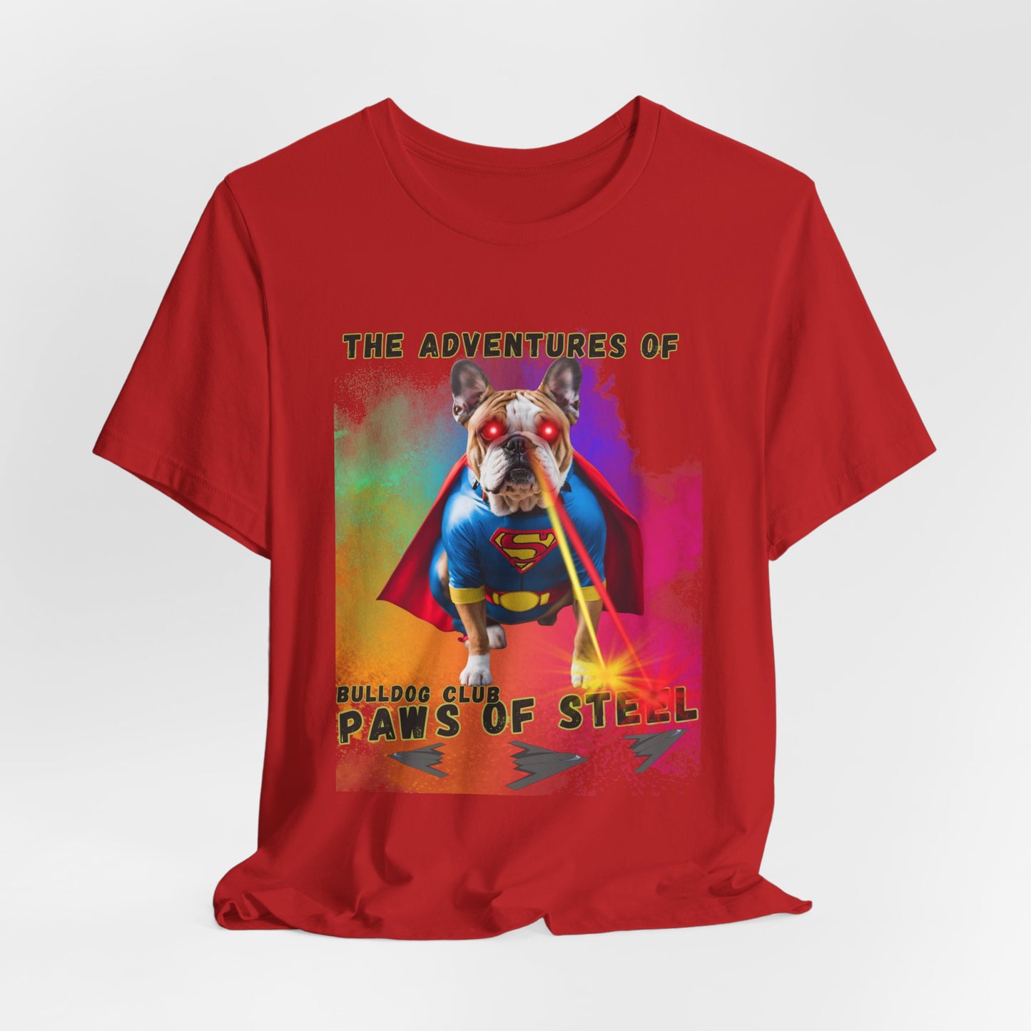 Bulldog Club Paws of Steel T-Shirt in Red — cropped model shot highlighting bulldog superhero artwork — SniffWaggleNWalk™
