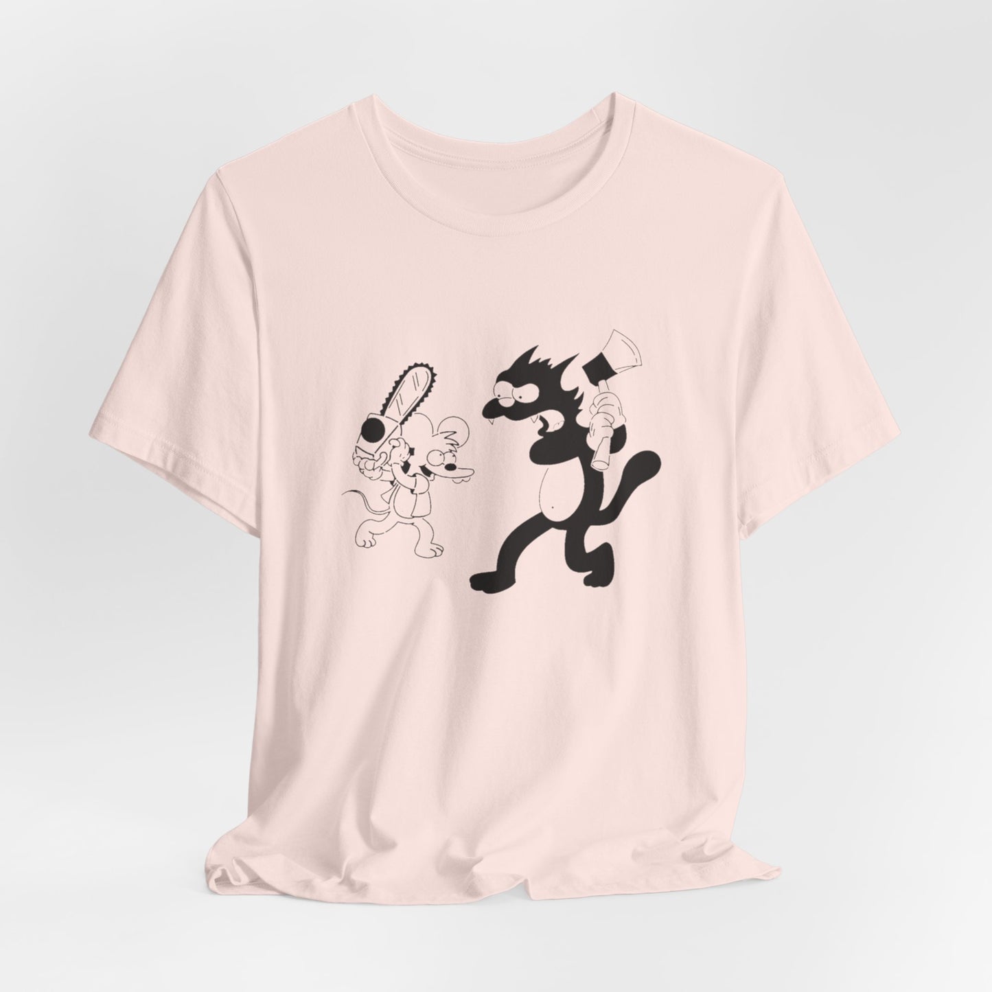 The Itchiest Scratchiest t-shirt — flat lay Heather Blue, retro cartoon graphic