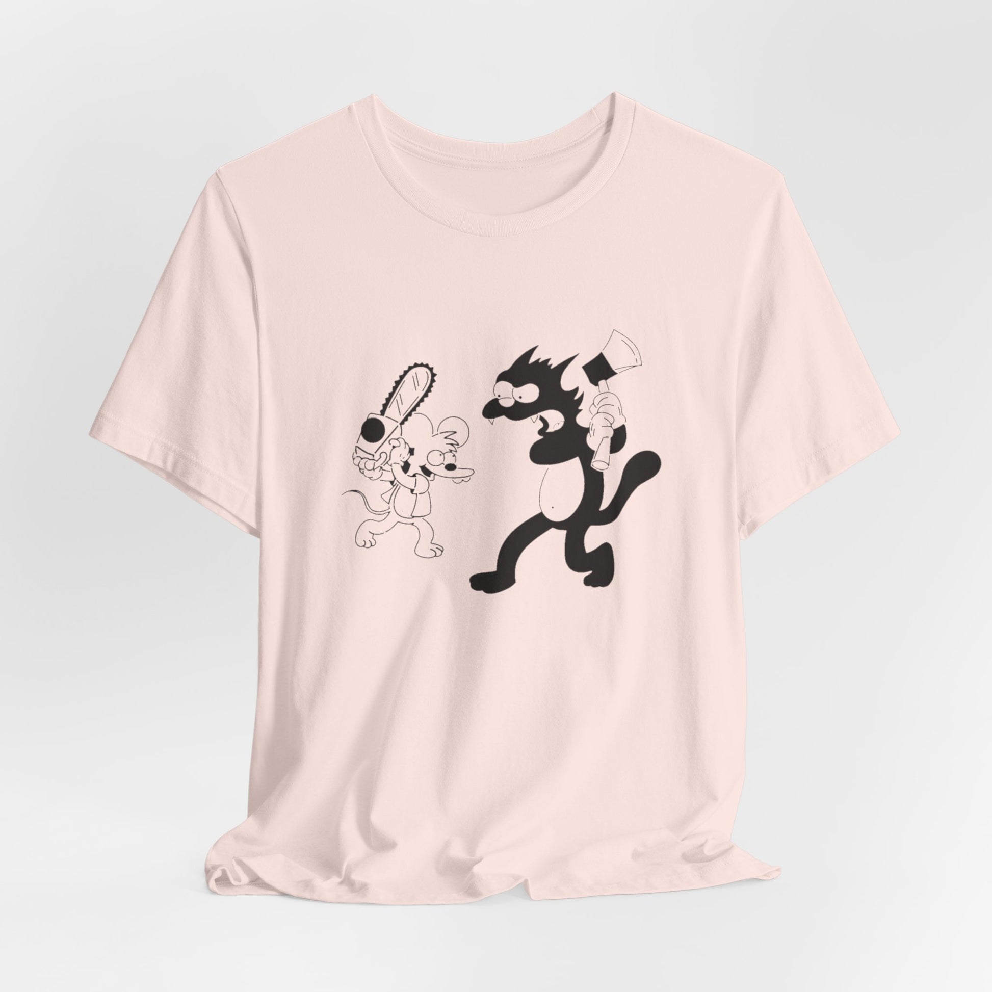 The Itchiest Scratchiest t-shirt — flat lay Heather Blue, retro cartoon graphic