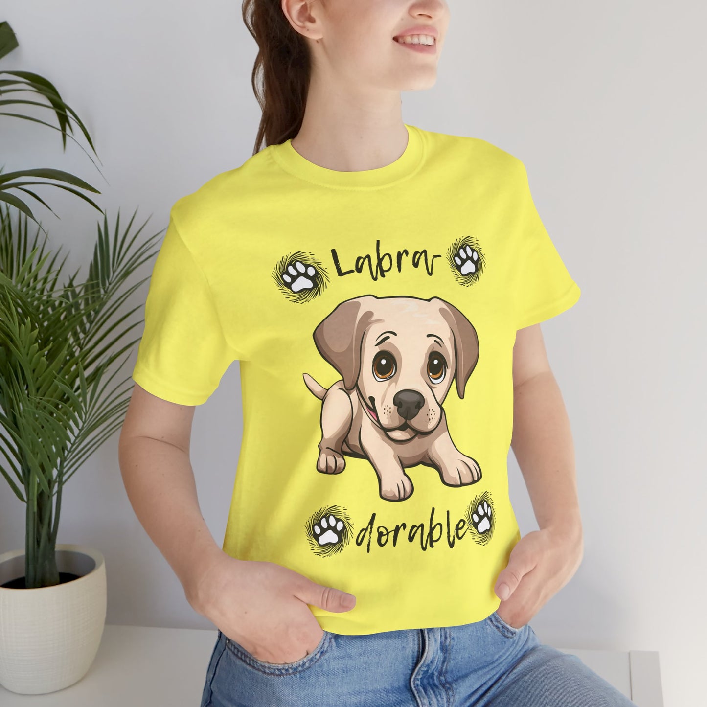 Labra-DORABLE Labrador puppy t-shirt in Yellow worn by a model, front view
