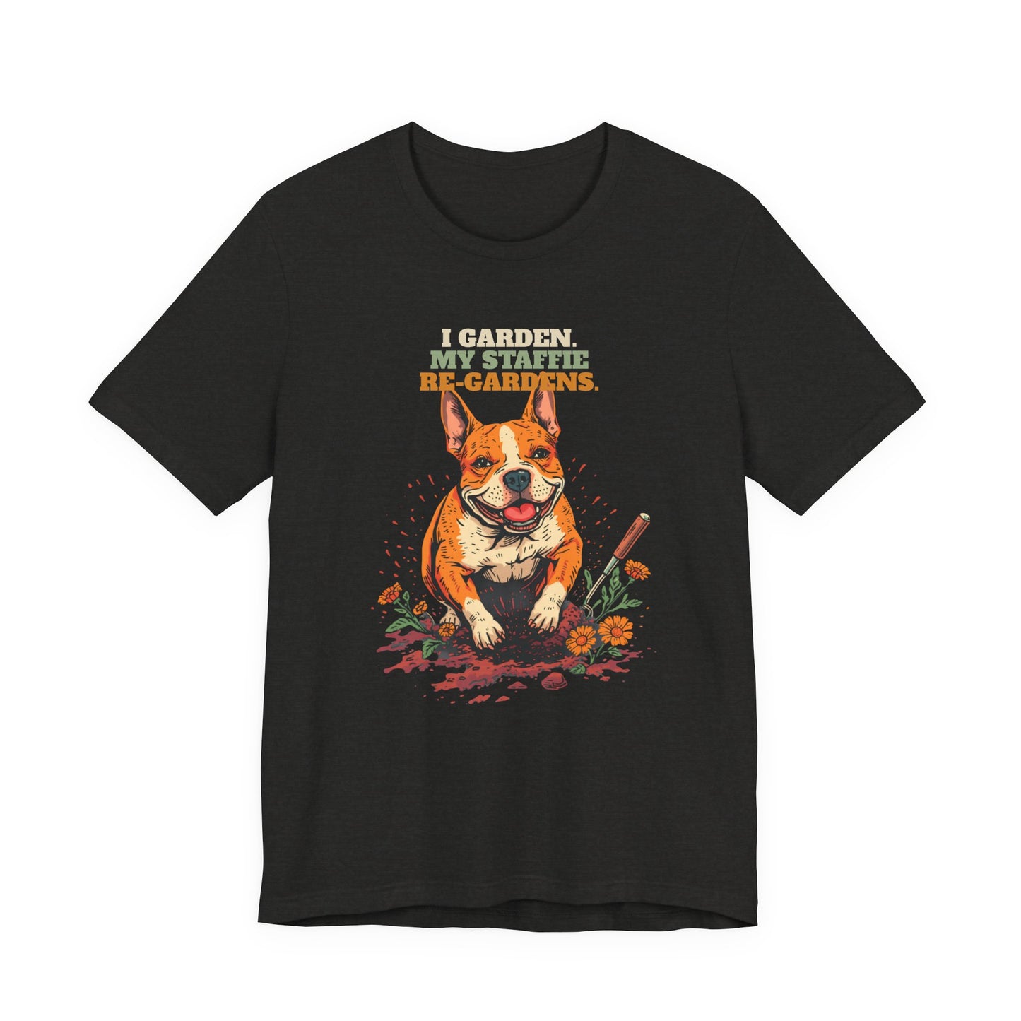 Staffie gardening tee in dark grey heather
