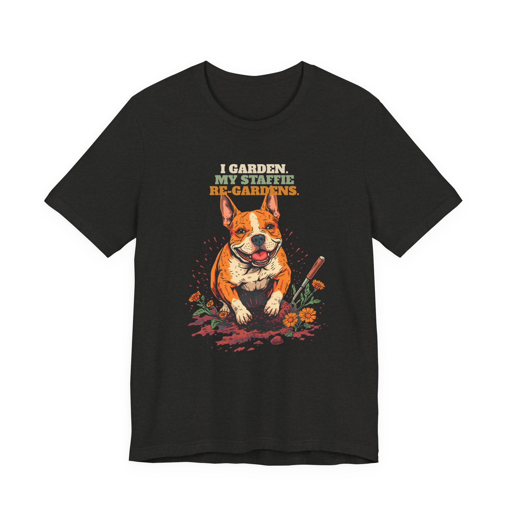 Staffie gardening tee in dark grey heather