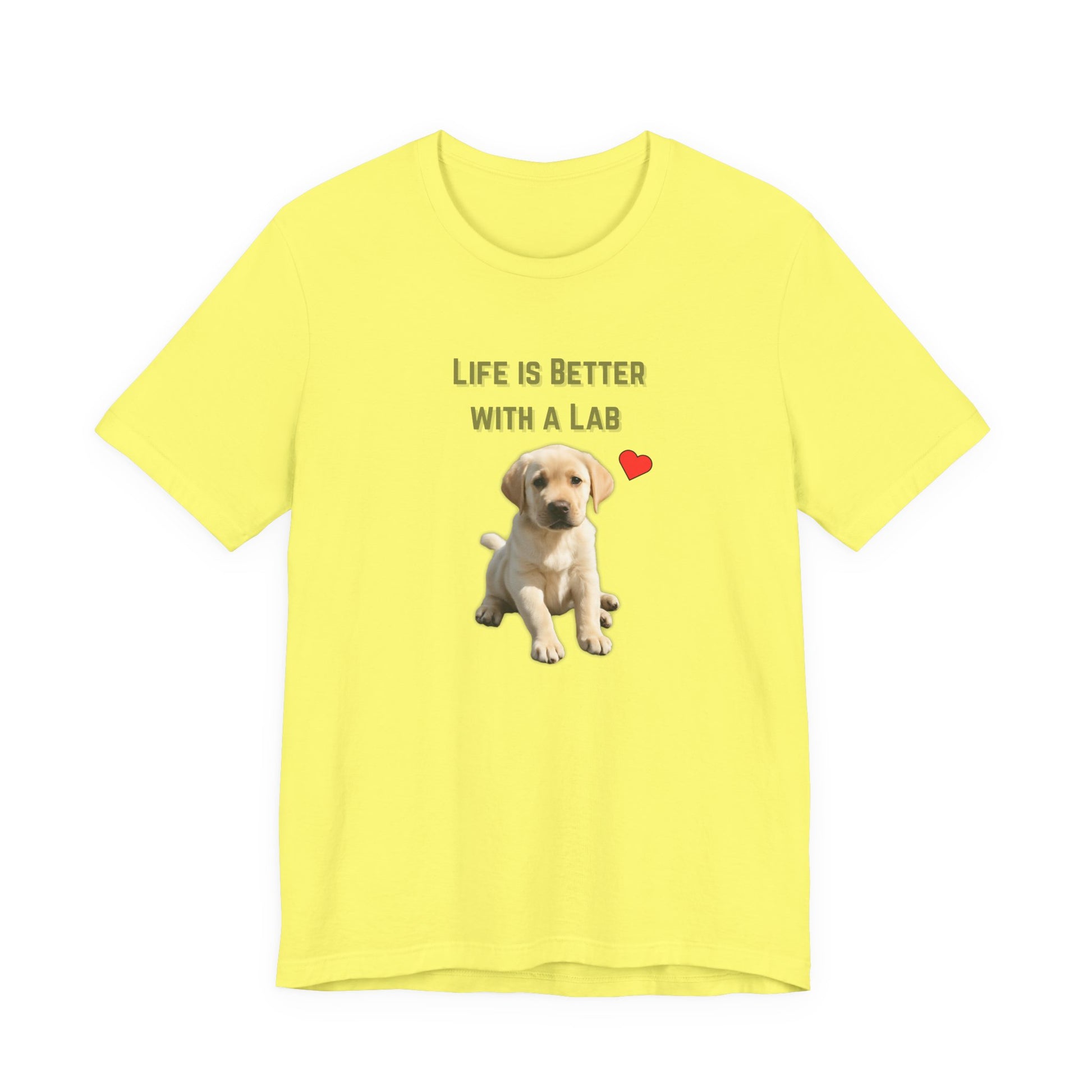 Life Is Better with a Lab puppy t-shirt in Yellow, flat lay front view