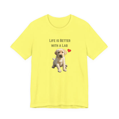 Life Is Better with a Lab puppy t-shirt in Yellow, flat lay front view