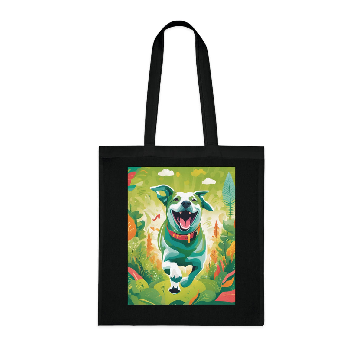 SniffWaggleNWalk™ dog art tote in white colourway showing running dog print detail