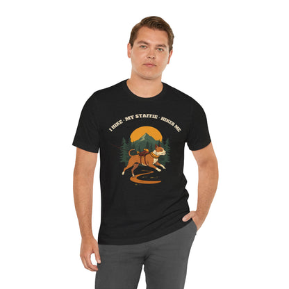 Funny Staffie hiking t-shirt design close-up on Bella+Canvas 3001 tee