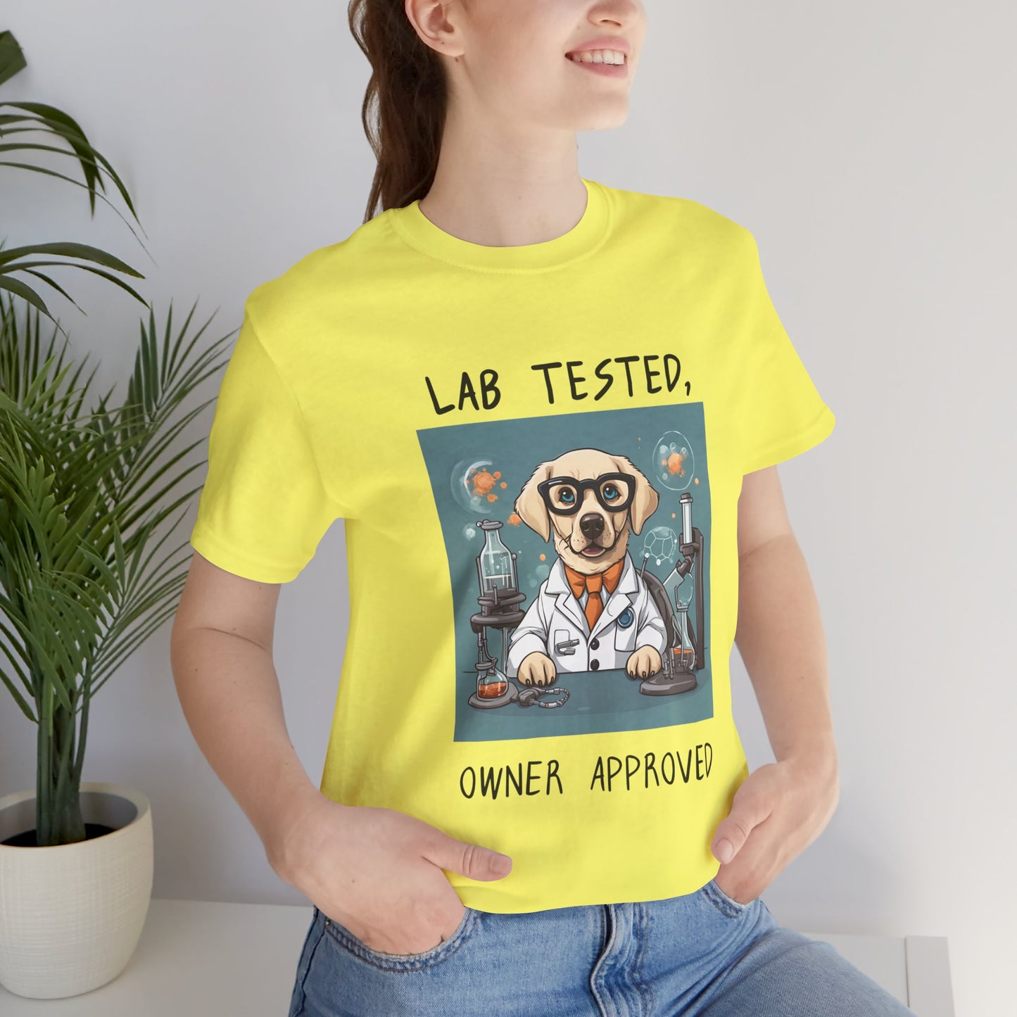 Lab Tested Owner Approved Labrador t-shirt in Yellow worn by a model, front view