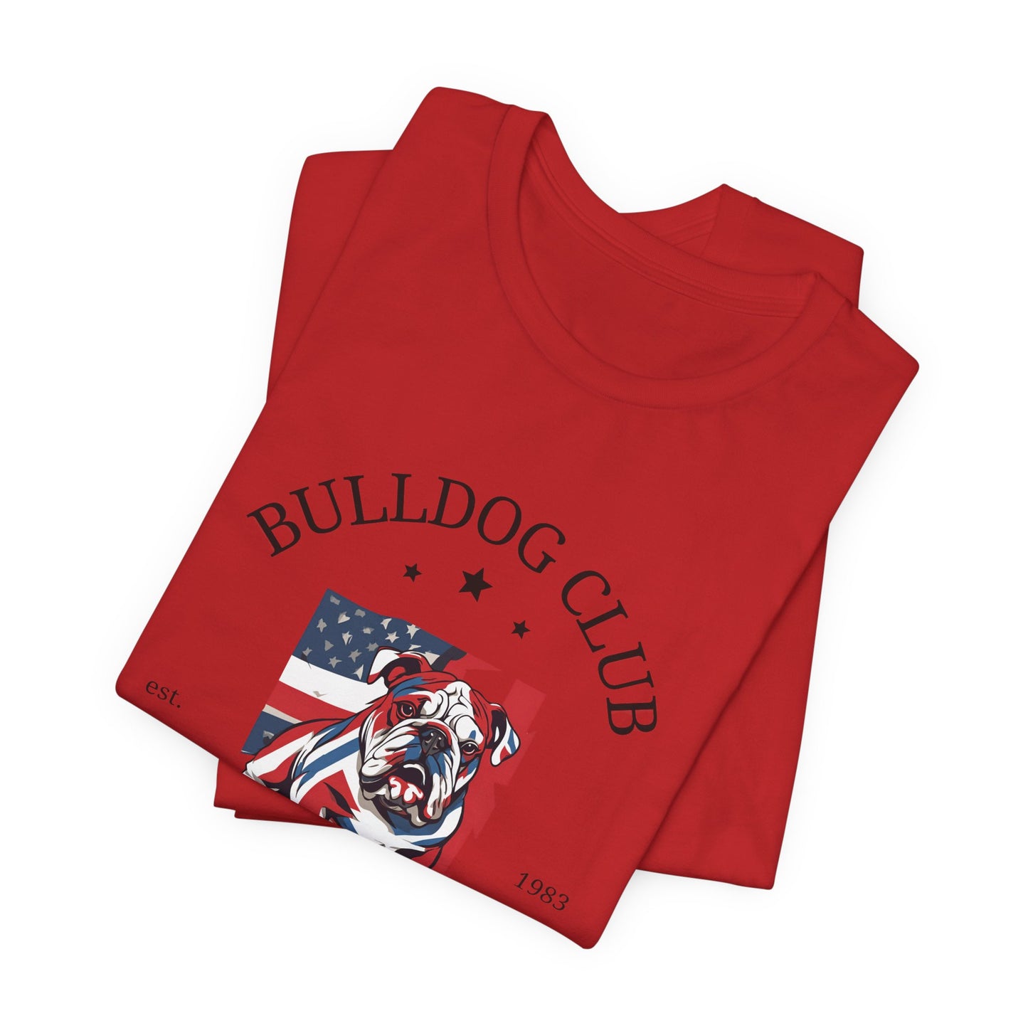 Folded Red Bulldog Club t-shirt with American flag bulldog design