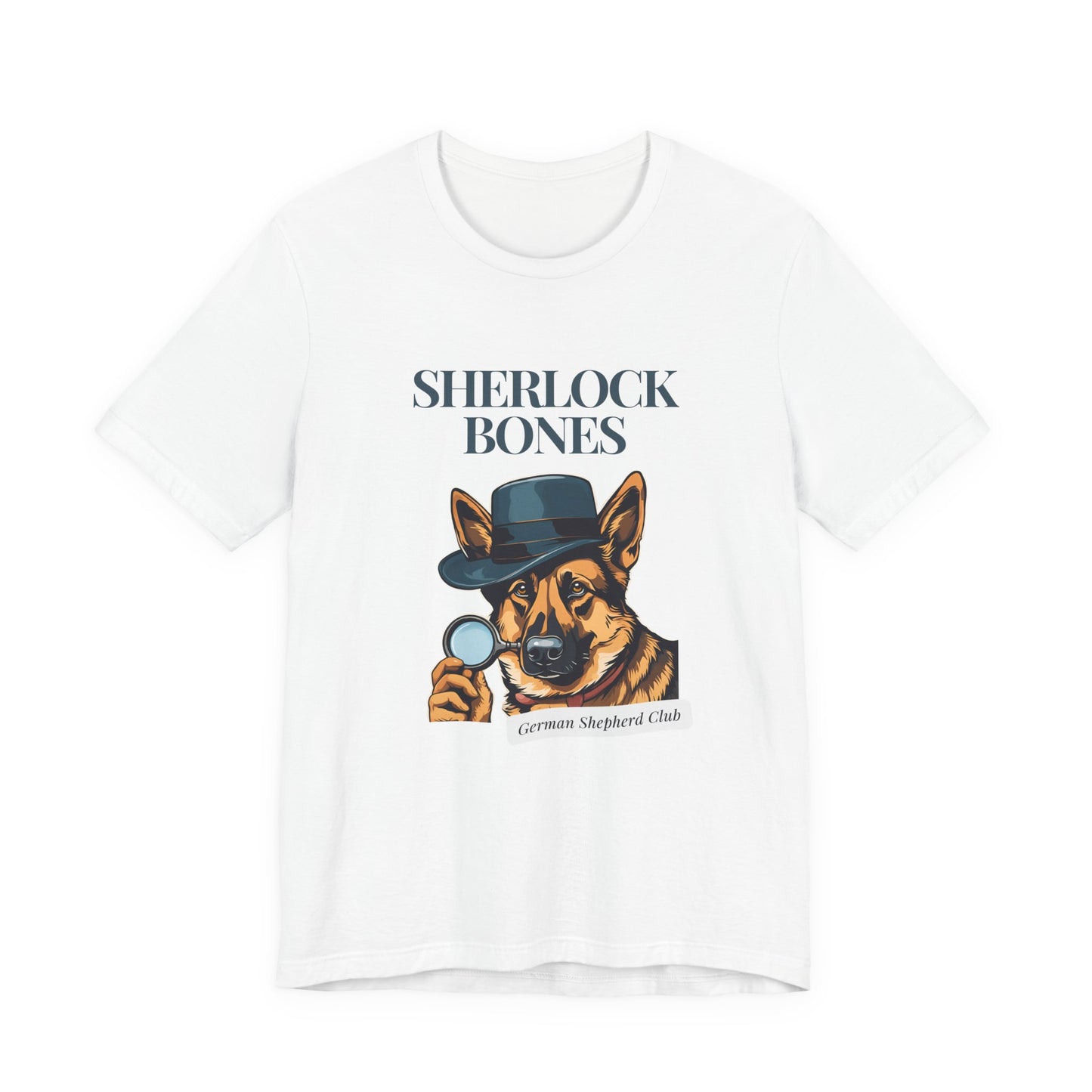 Sherlock Bones Detective Dog T-Shirt — White — print detail — SniffWaggleNWalk™