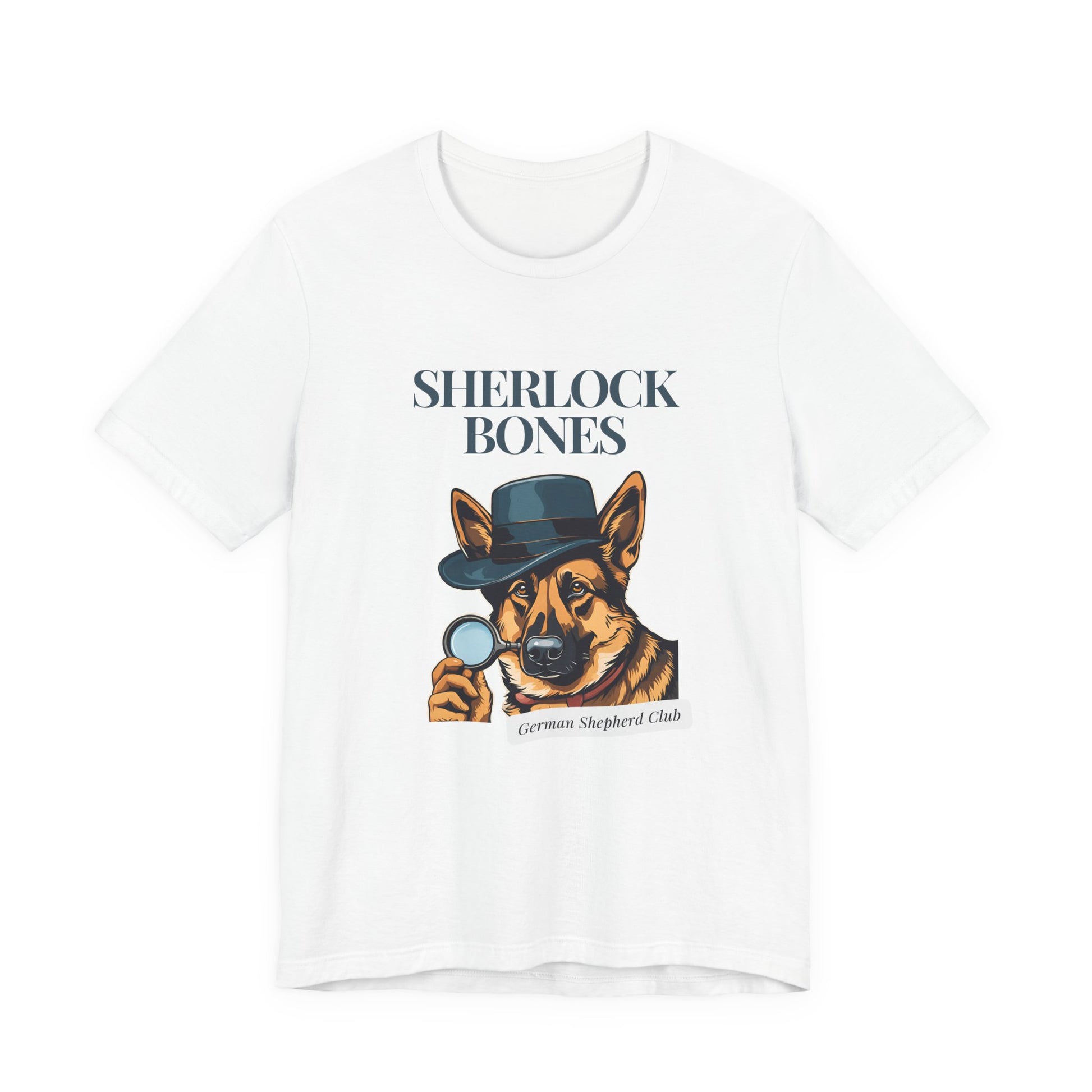 Sherlock Bones Detective Dog T-Shirt — White — print detail — SniffWaggleNWalk™