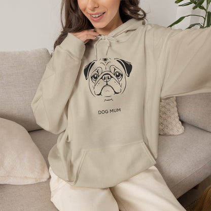 Pug Dog Mum minimalist line art hoodie, front view
