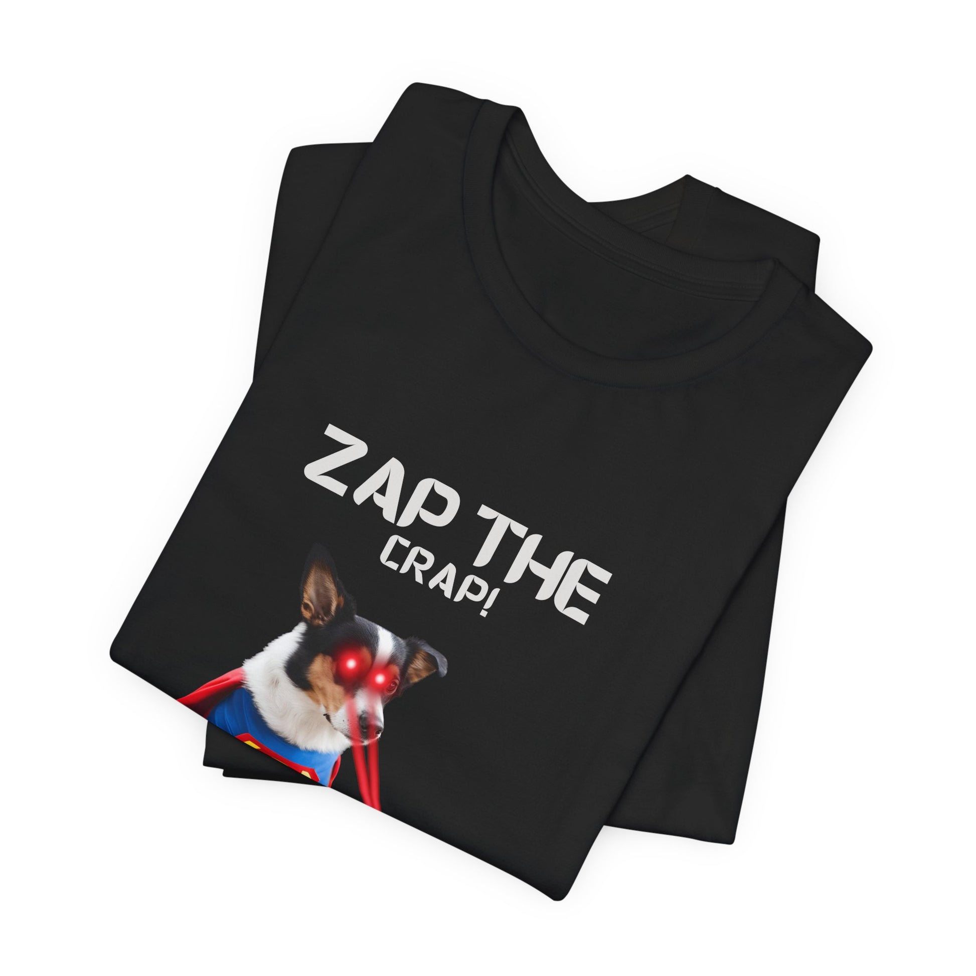 Laser Poo Edition dog t-shirt — Navy, flat lay, dog zapping poo design by SniffWaggleNWalk™