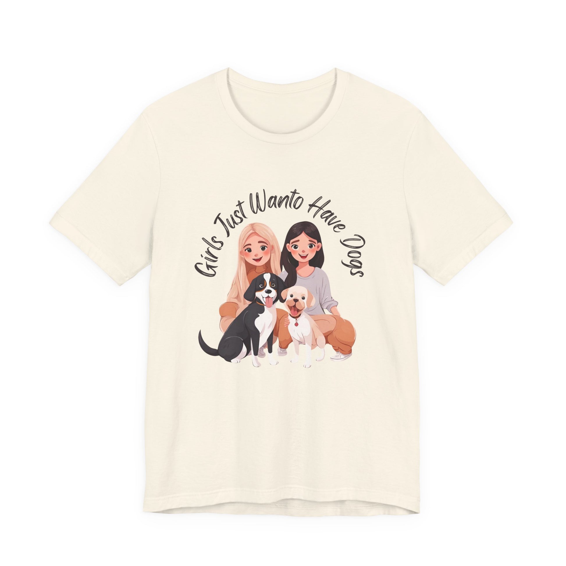 Girls Just Want to Have Dogs t-shirt shown on a model, front view