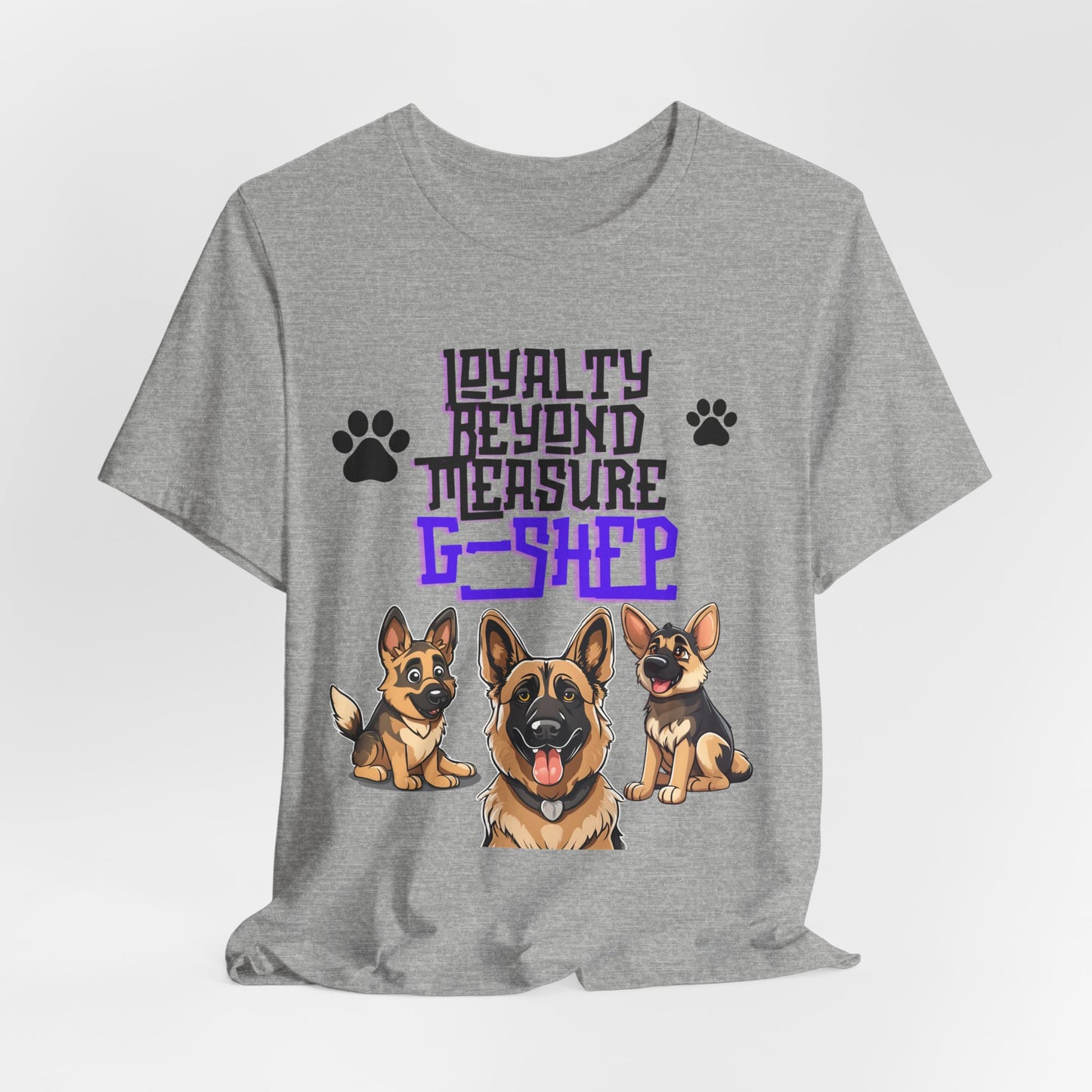 Loyalty Beyond Measure German Shepherd t-shirt in Athletic Heather, hanging front view