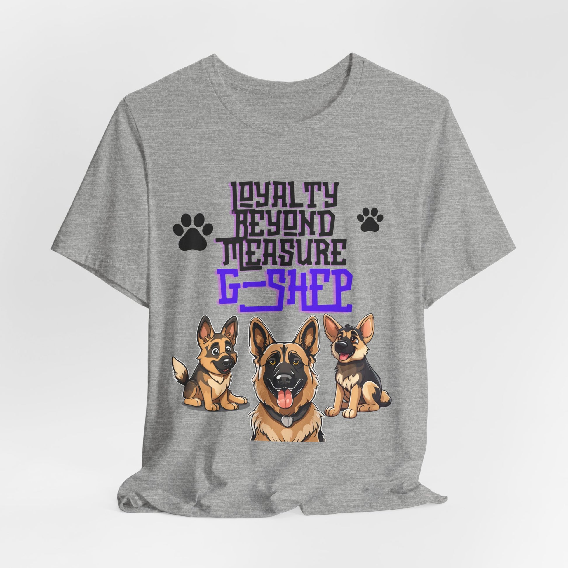 Loyalty Beyond Measure German Shepherd t-shirt in Athletic Heather, hanging front view