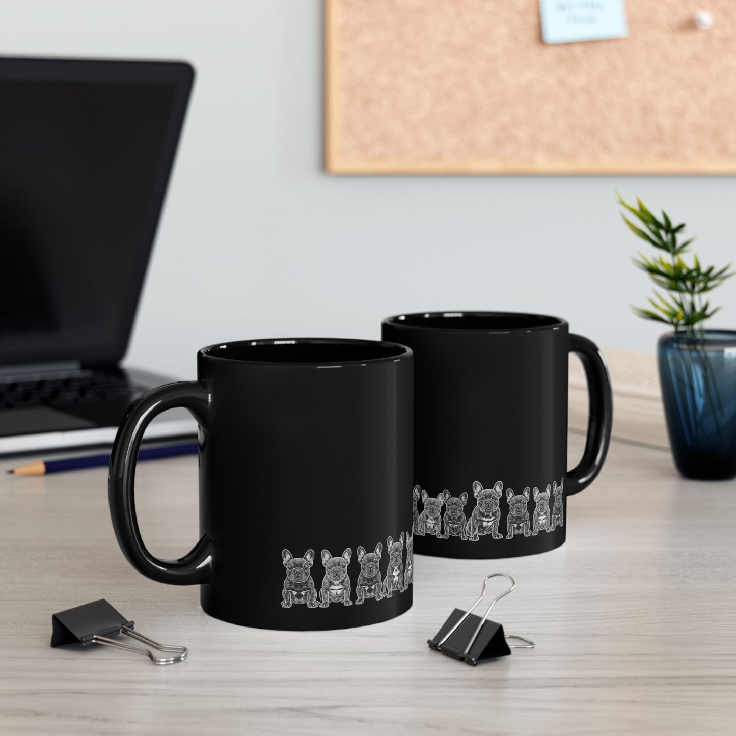 Black Ceramic Mug with Cute Grey French Bulldog Lineup — 11oz & 15oz