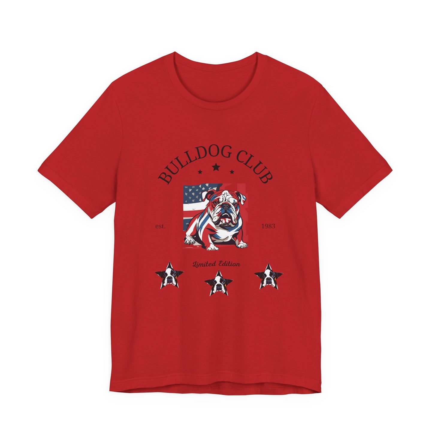 Bulldog Club t-shirt in Red — vintage American flag bulldog graphic tee, front view