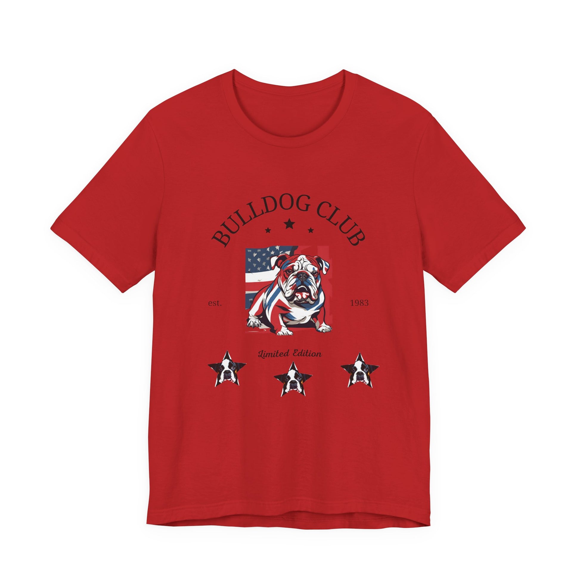 Bulldog Club t-shirt in Red — vintage American flag bulldog graphic tee, front view