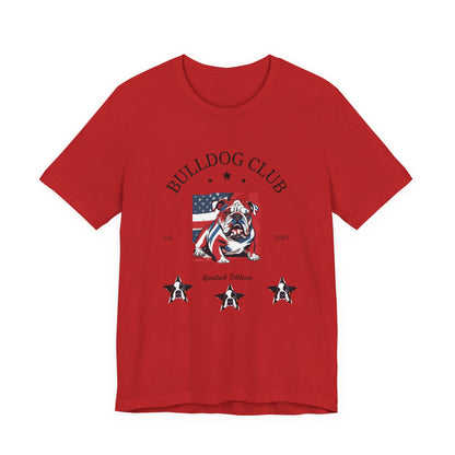 Bulldog Club t-shirt in Red — vintage American flag bulldog graphic tee, front view