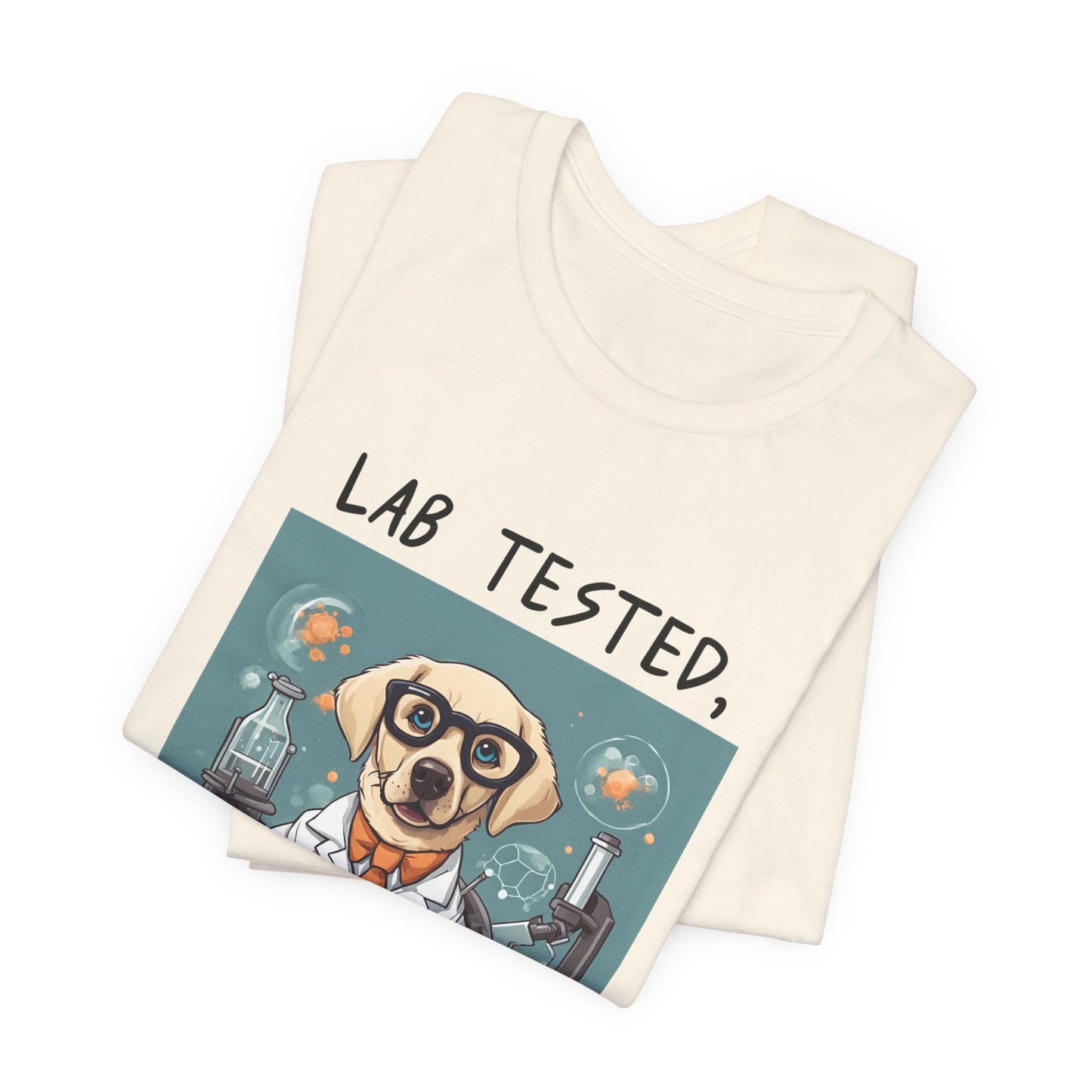 Lab Tested Owner Approved Labrador t-shirt in Natural, folded view showing scientist Lab print