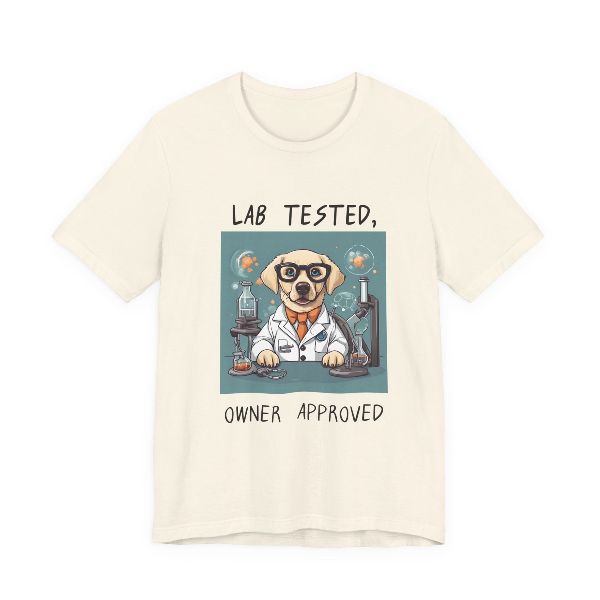 Lab Tested Owner Approved Labrador t-shirt in Natural, flat lay front view