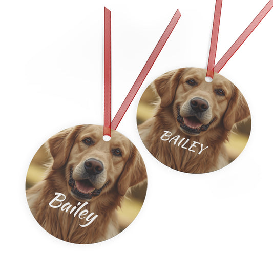 Personalized Dog Photo Metal Ornament – Custom Pet Name (e.g., Bailey)