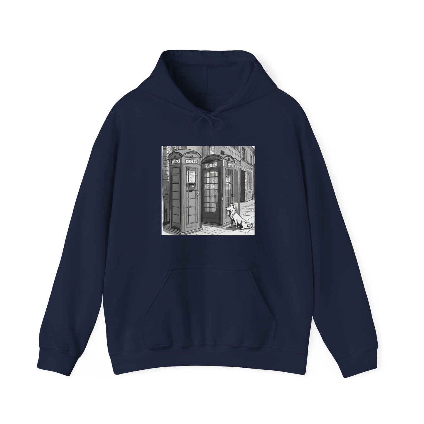 Unisex Heavy Blend™ Dog next to a phone box Hooded Sweatshirt - Sniff Waggle And Walk