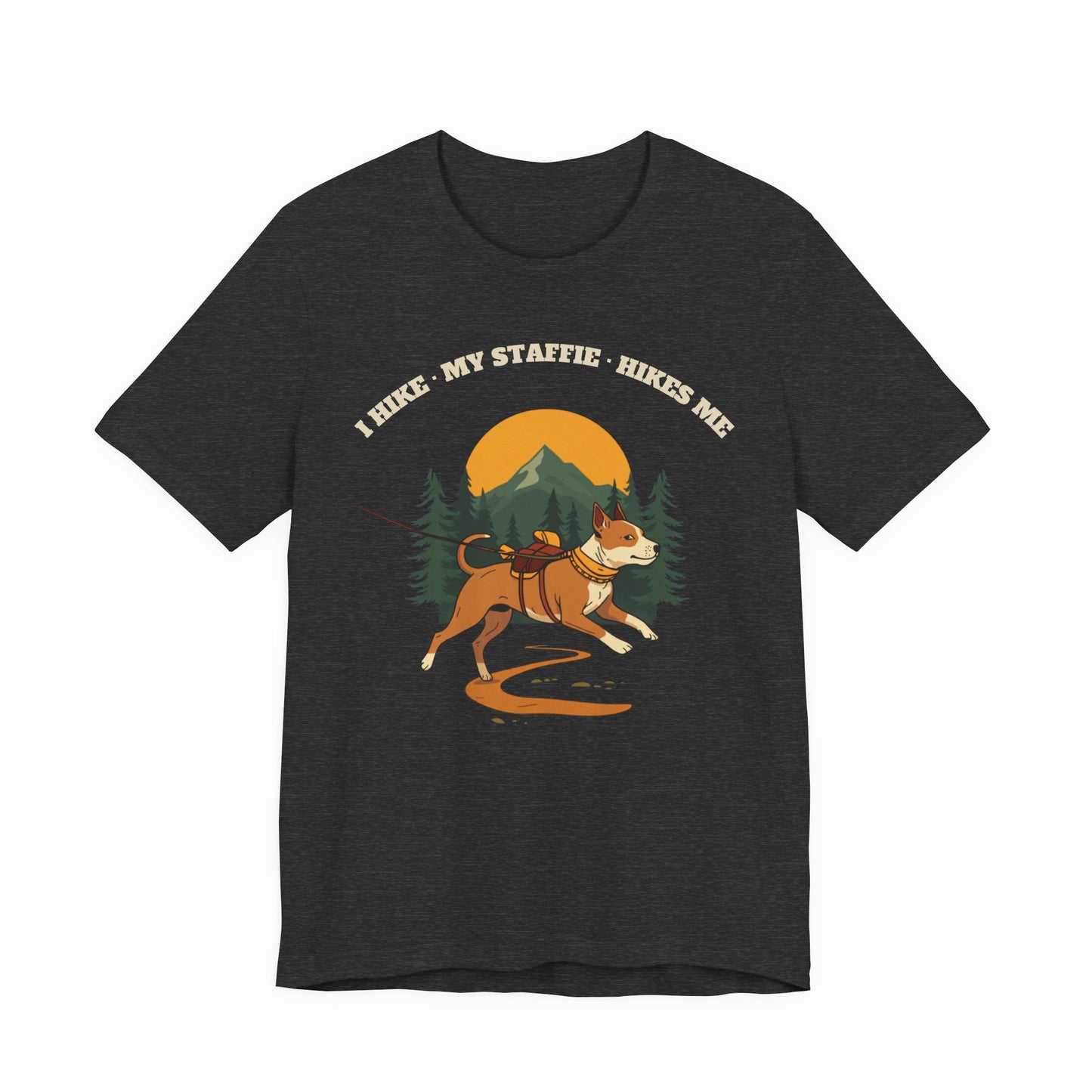 Funny hiking dog t-shirt for Staffie owners lifestyle shot