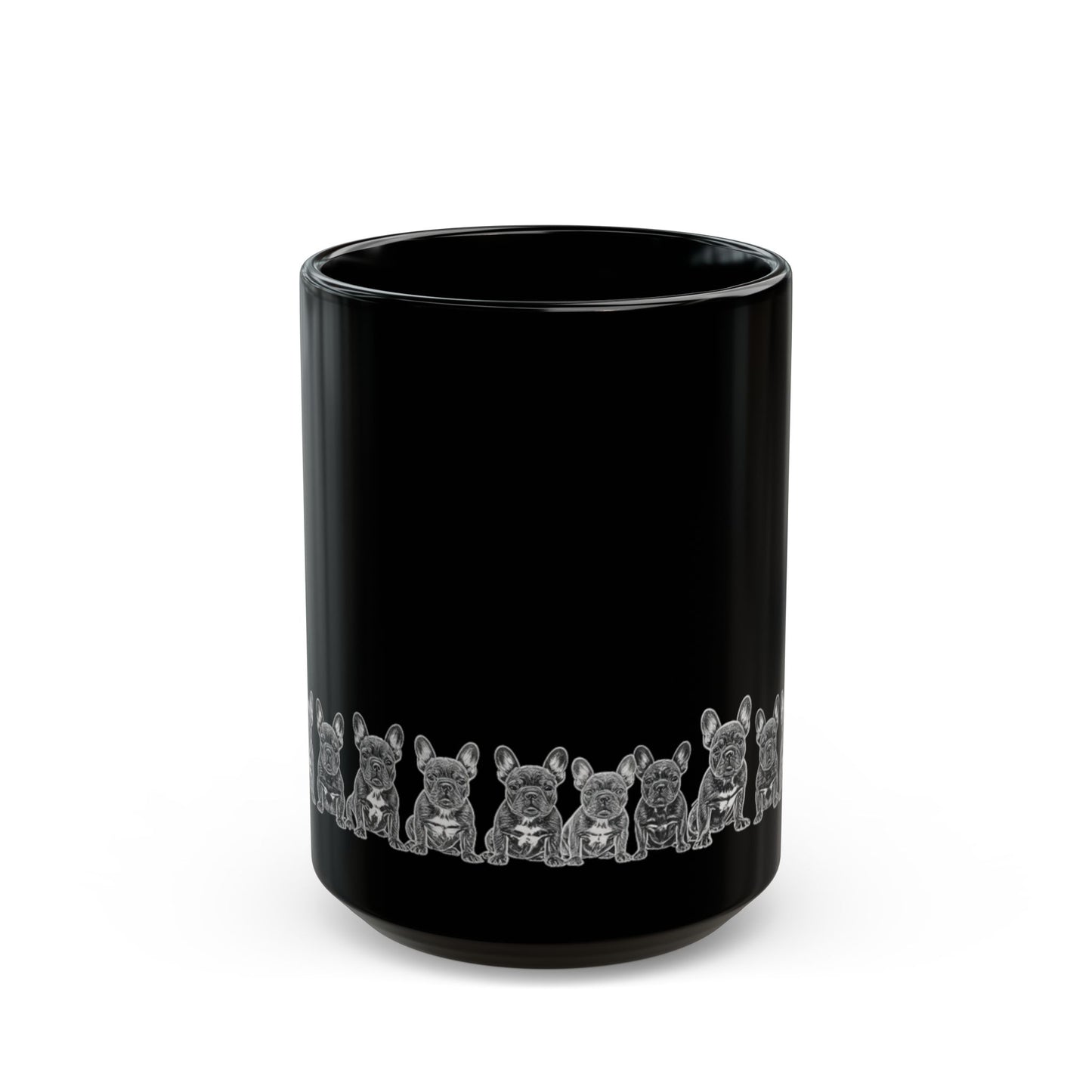 Black Ceramic Mug with Cute Grey French Bulldog Lineup — 11oz & 15oz