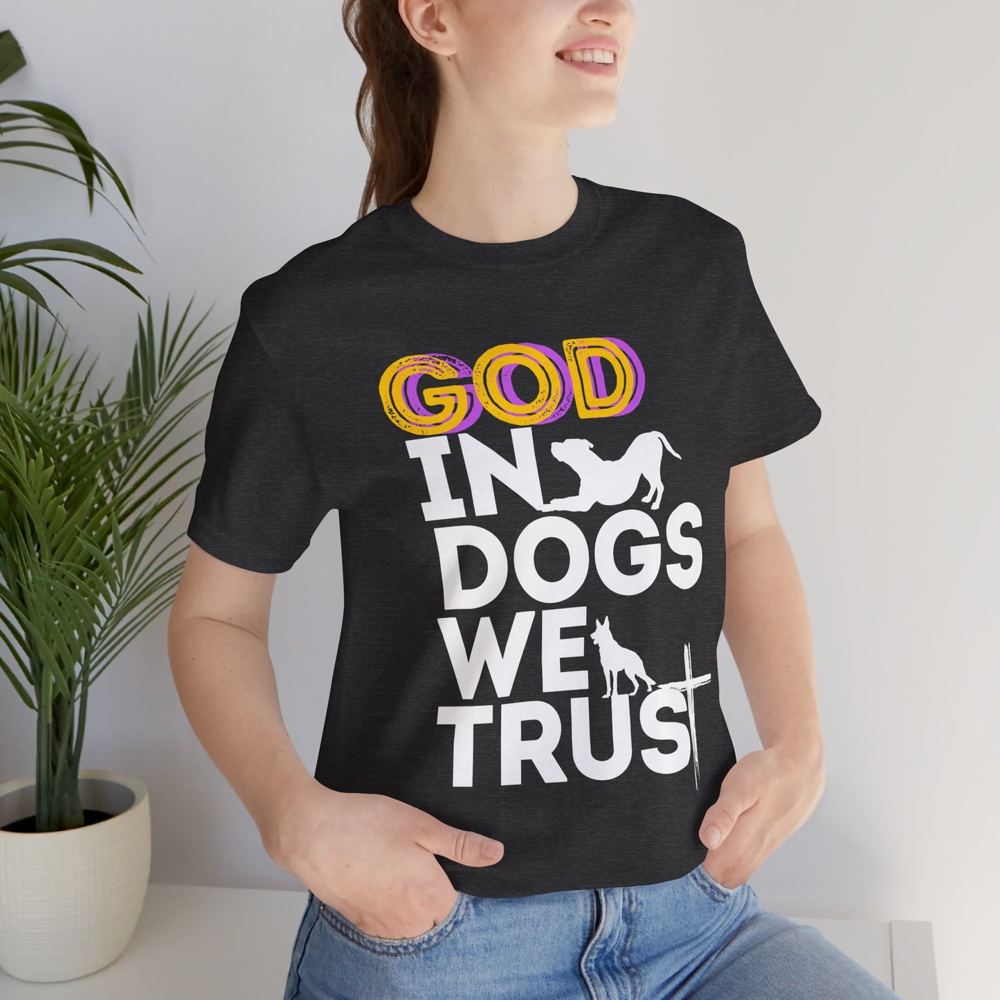 Faith dog t-shirt with cross design, worn front view