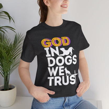 Faith dog t-shirt with cross design, worn front view