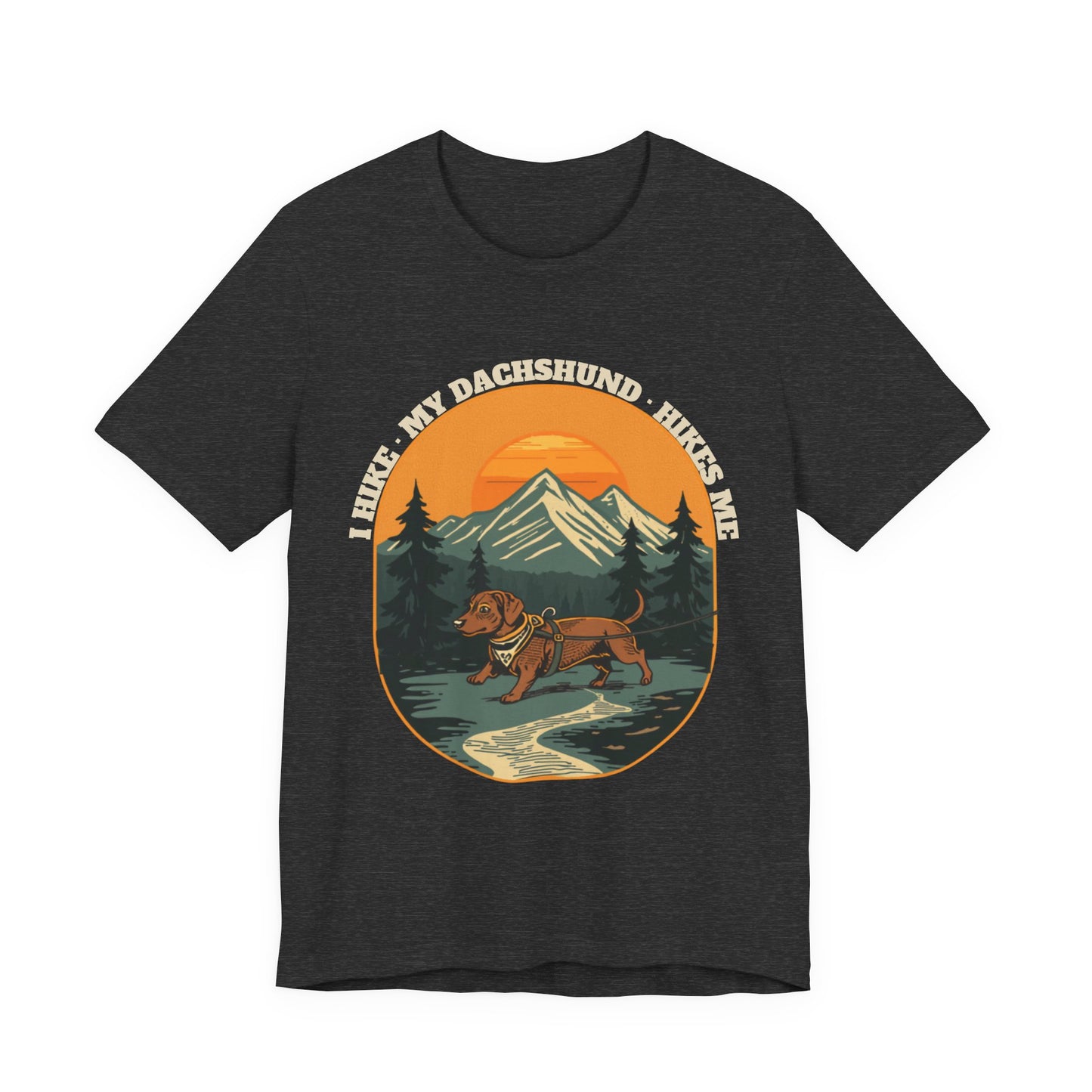 Dark grey heather dachshund hiking tee laid flat for size reference