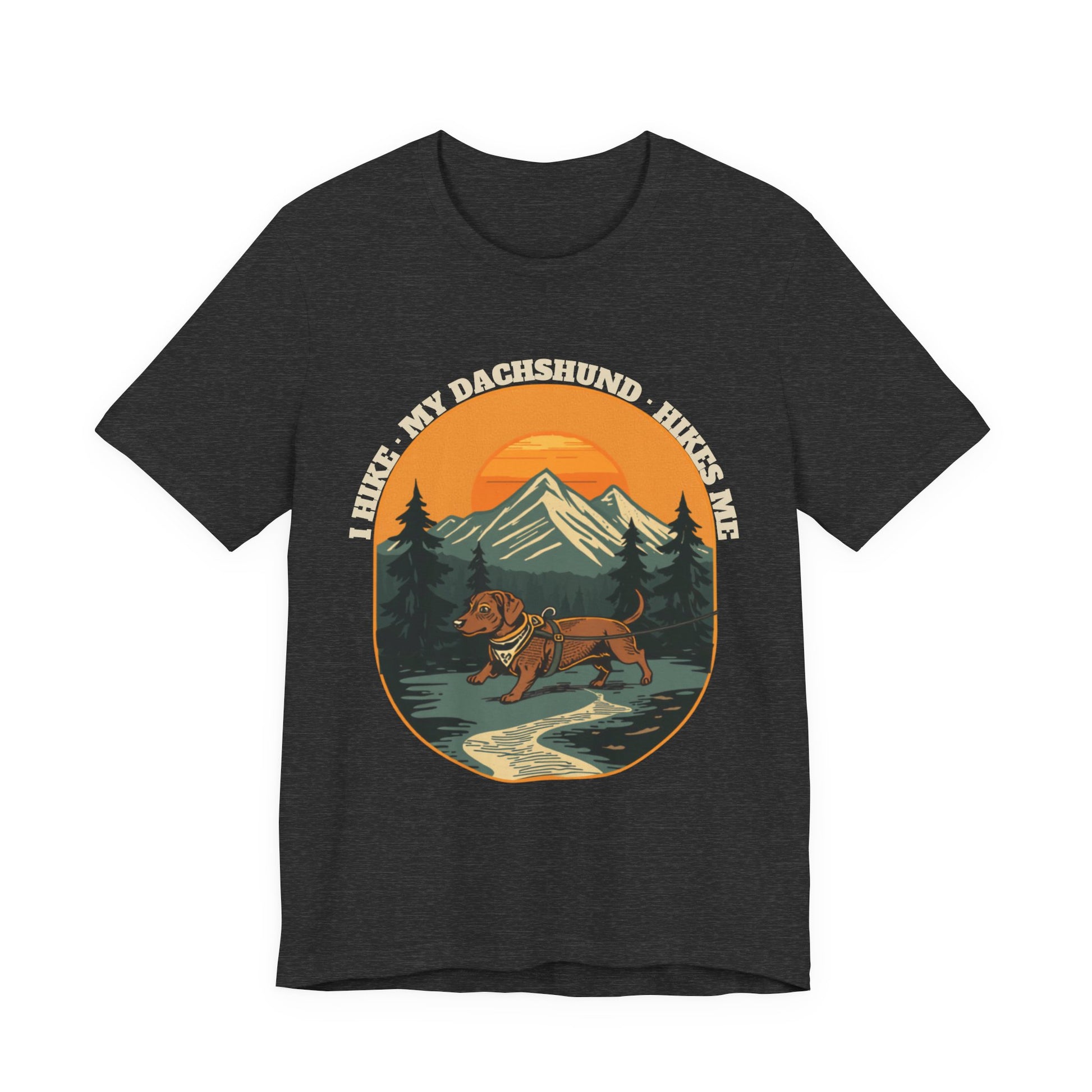 Dark grey heather dachshund hiking tee laid flat for size reference