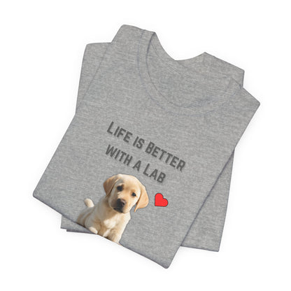 Life Is Better with a Lab puppy t-shirt in Athletic Heather, folded view showing Labrador puppy print