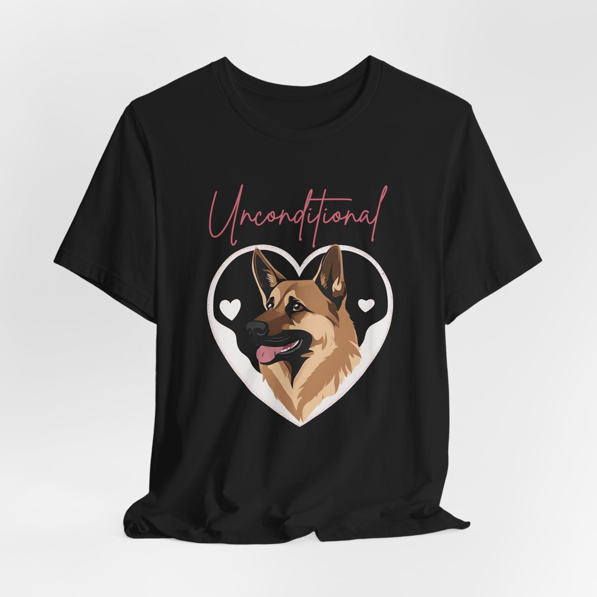 Unconditional Love German Shepherd t-shirt in Black, hanging front view