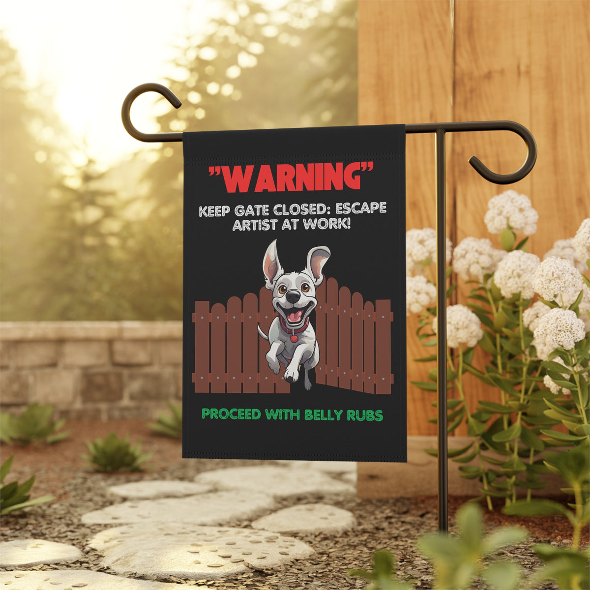 "Warning: Keep Gate Closed - Escape Artist at Work, Proceed with Belly Rubs" Funny Garden Sign – Durable & Weather-Resistant Dog Banner