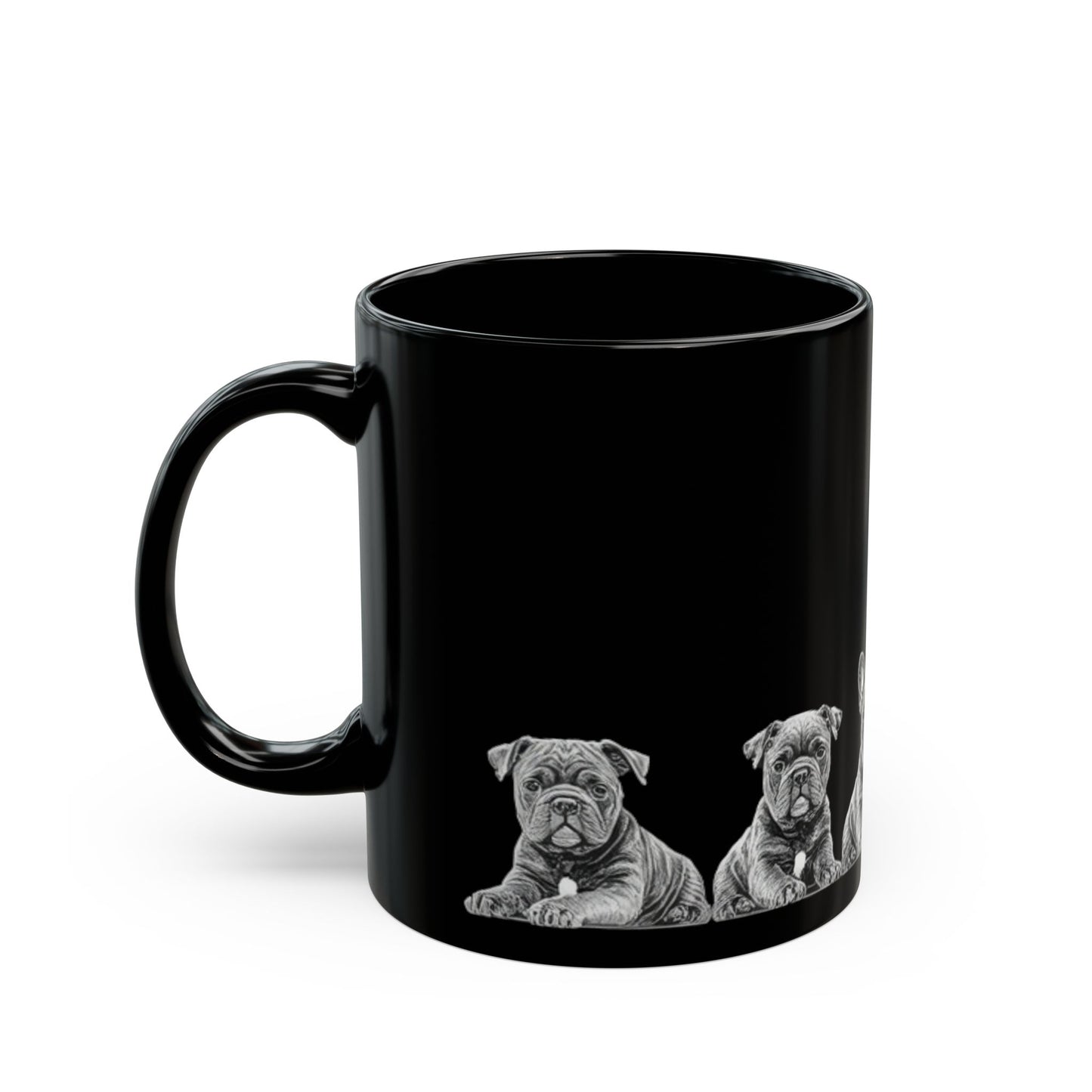 staffies Row Black Mug — Cute Dog Coffee Cup (11oz/15oz)