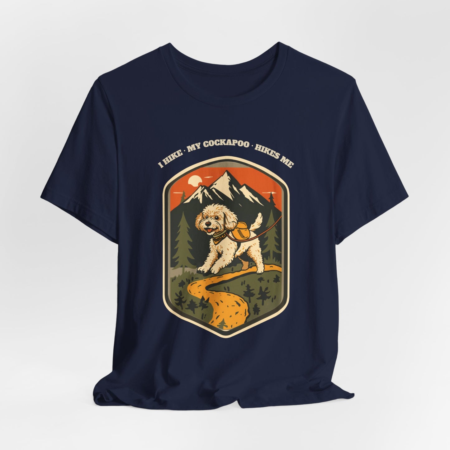Black cockapoo hiking t-shirt worn on a dog walk