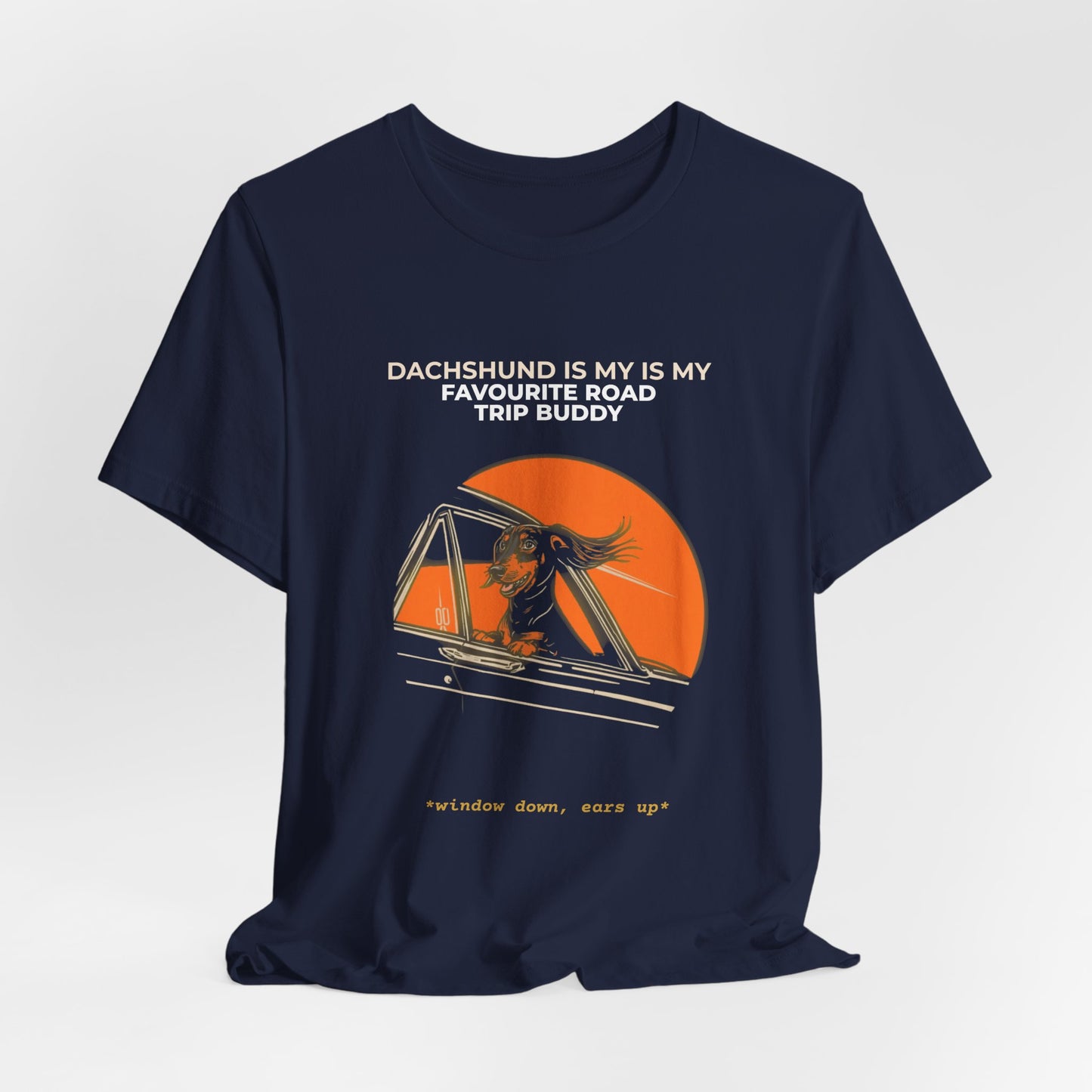 Dachshund Road Trip T-Shirt — “Dachshund Is My Favourite Road Trip Buddy” Vintage Sunset Tee