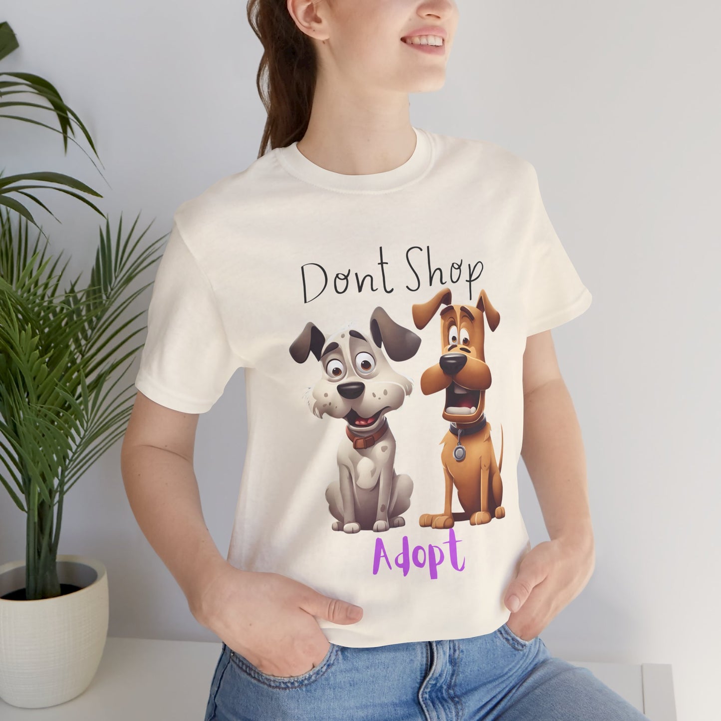 Don't Shop Adopt rescue dog t-shirt — two cartoon rescue dogs on organic cotton tee, Sniff Waggle And Walk