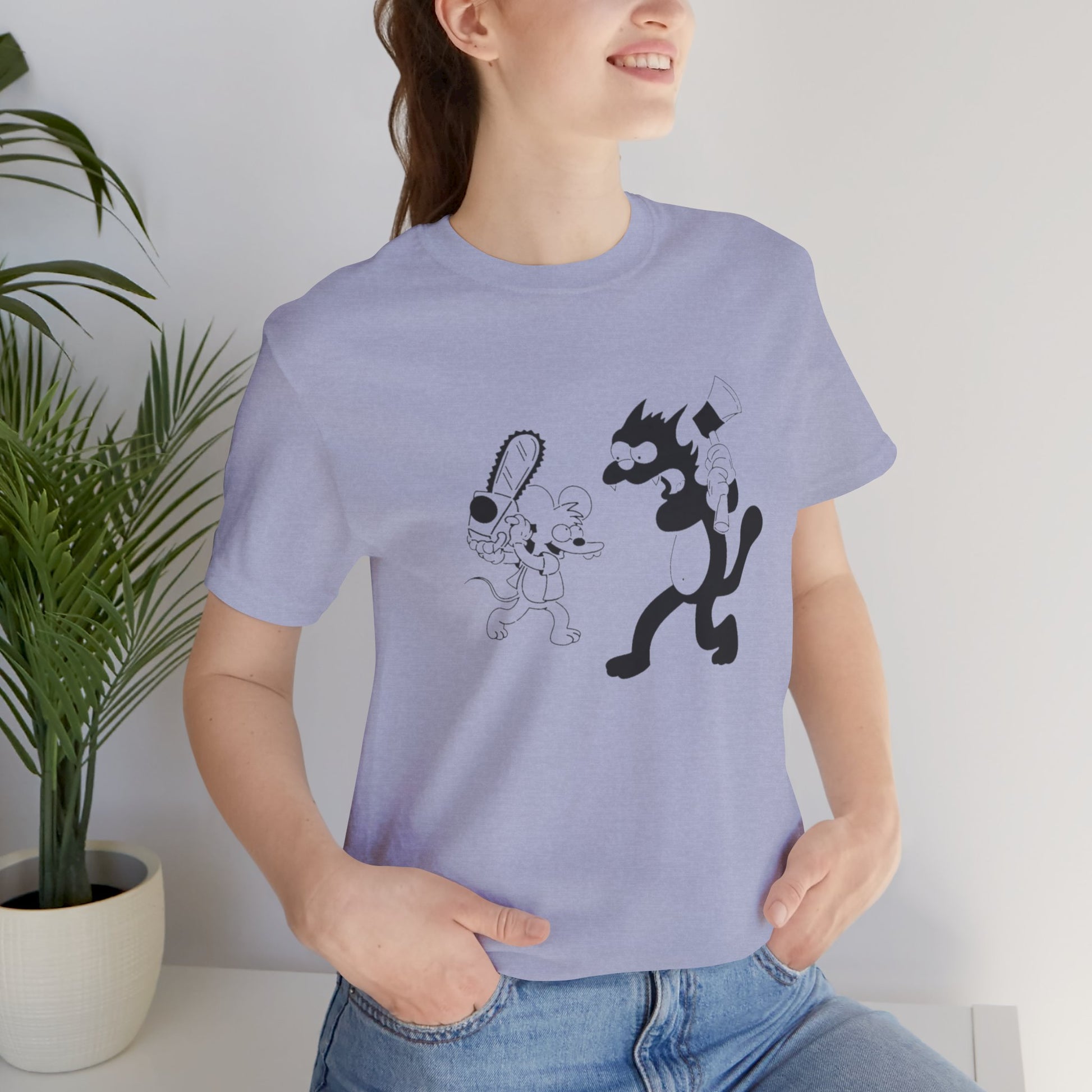 The Itchiest Scratchiest t-shirt — model wearing Heather Stone, SniffWaggleNWalk™ retro cartoon tee