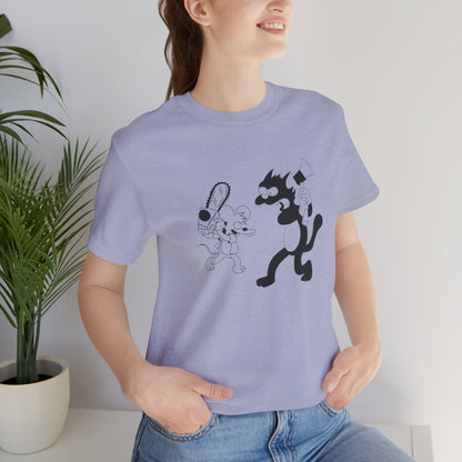 The Itchiest Scratchiest t-shirt — model wearing Heather Stone, SniffWaggleNWalk™ retro cartoon tee