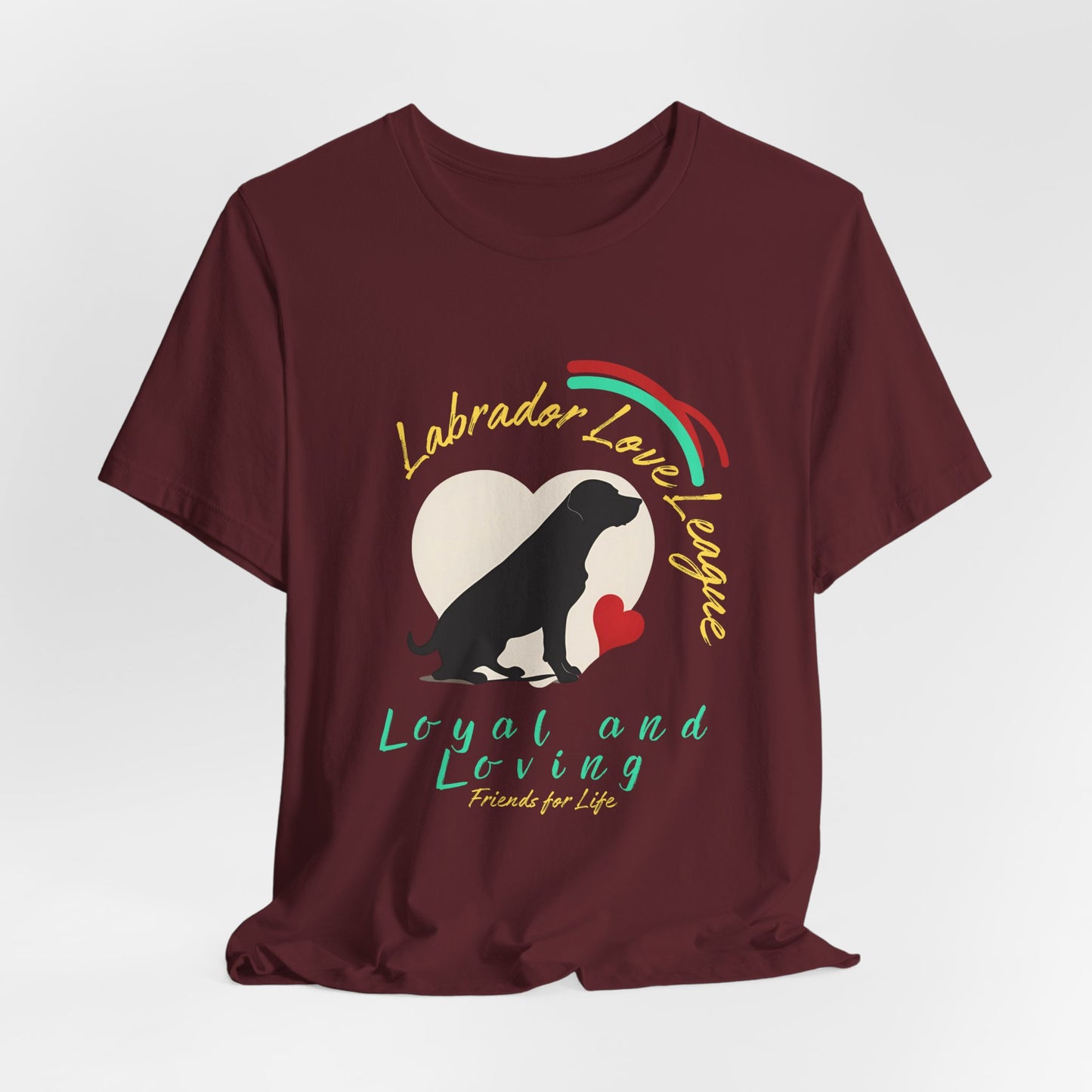 Maroon Labrador Love League graphic tee draped flat showing Loyal and Loving print