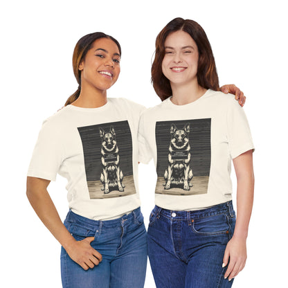 Model wearing the German Shepherd True Crime Night Shift tee, black, side angle